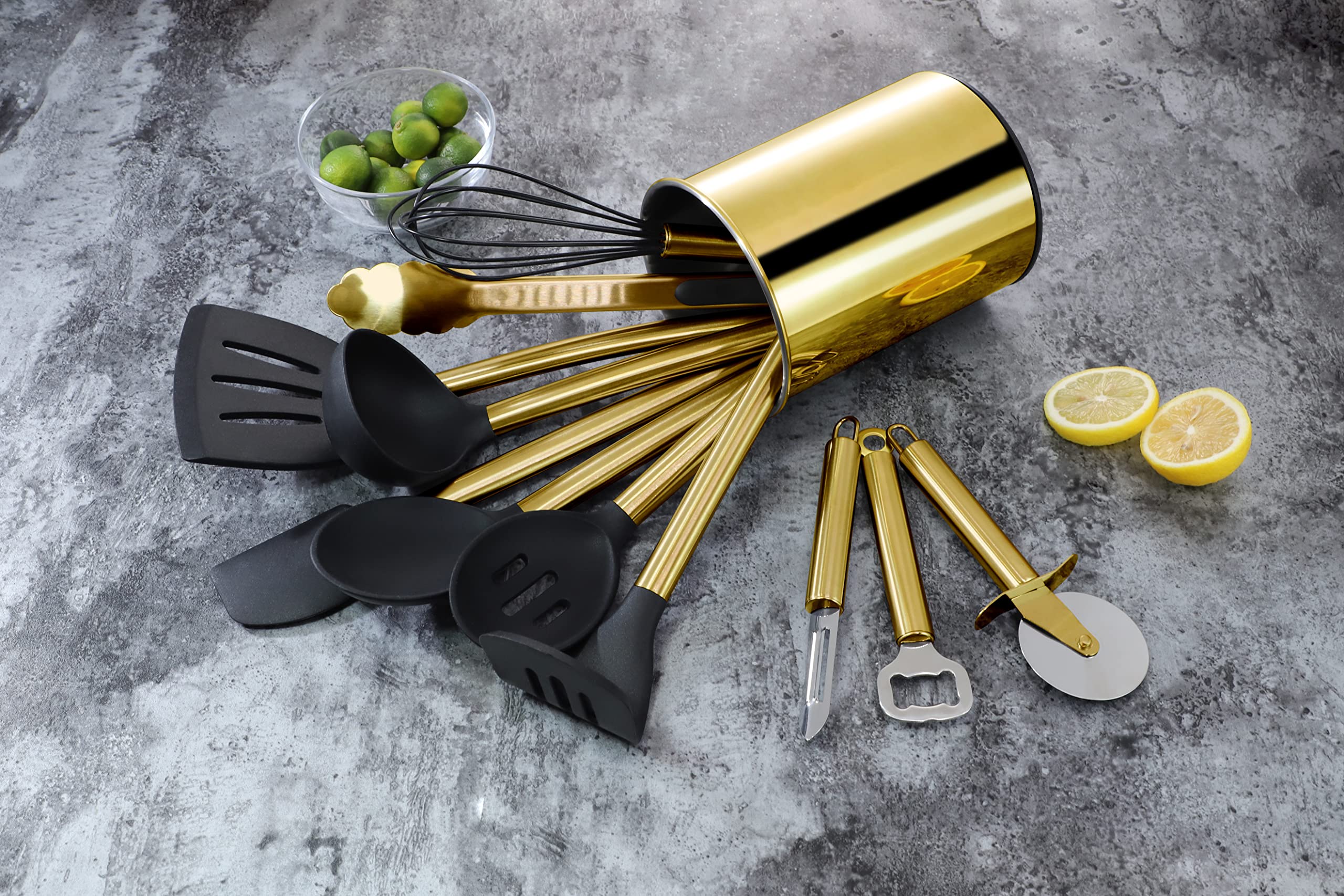 ECHTWERK Utensili da cucina, Set di 12 utensili da cucina, Utensili da cucina con manico in acciaio inox, Portautensili, Ausili domestici in silicone antiaderente, Edizione oro, EW-KS-1202G