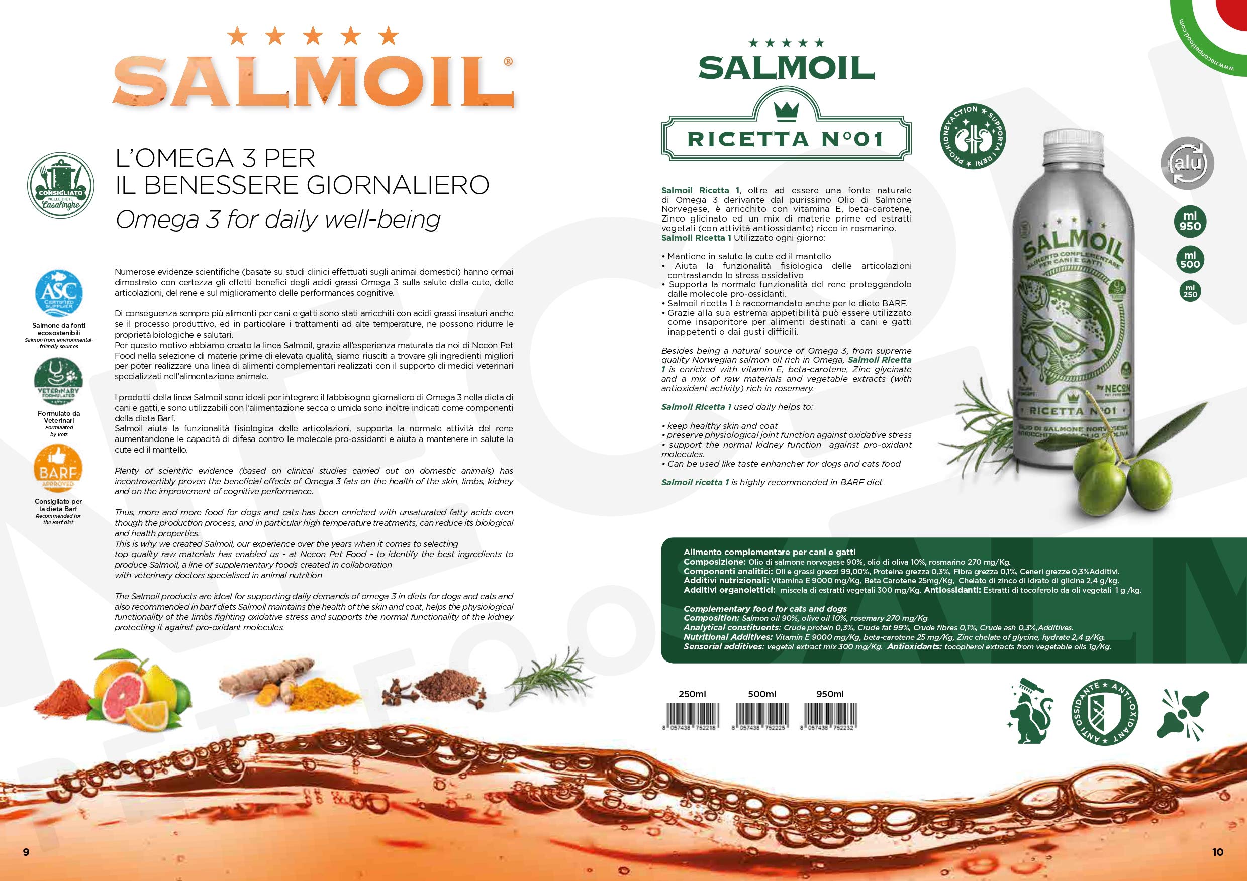Salmoil Recette 1 Aliment complémentaire pour Chiens et Chats à Base d'huile de Saumon norvégienne enrichi en Huile d'olive- 950 ML