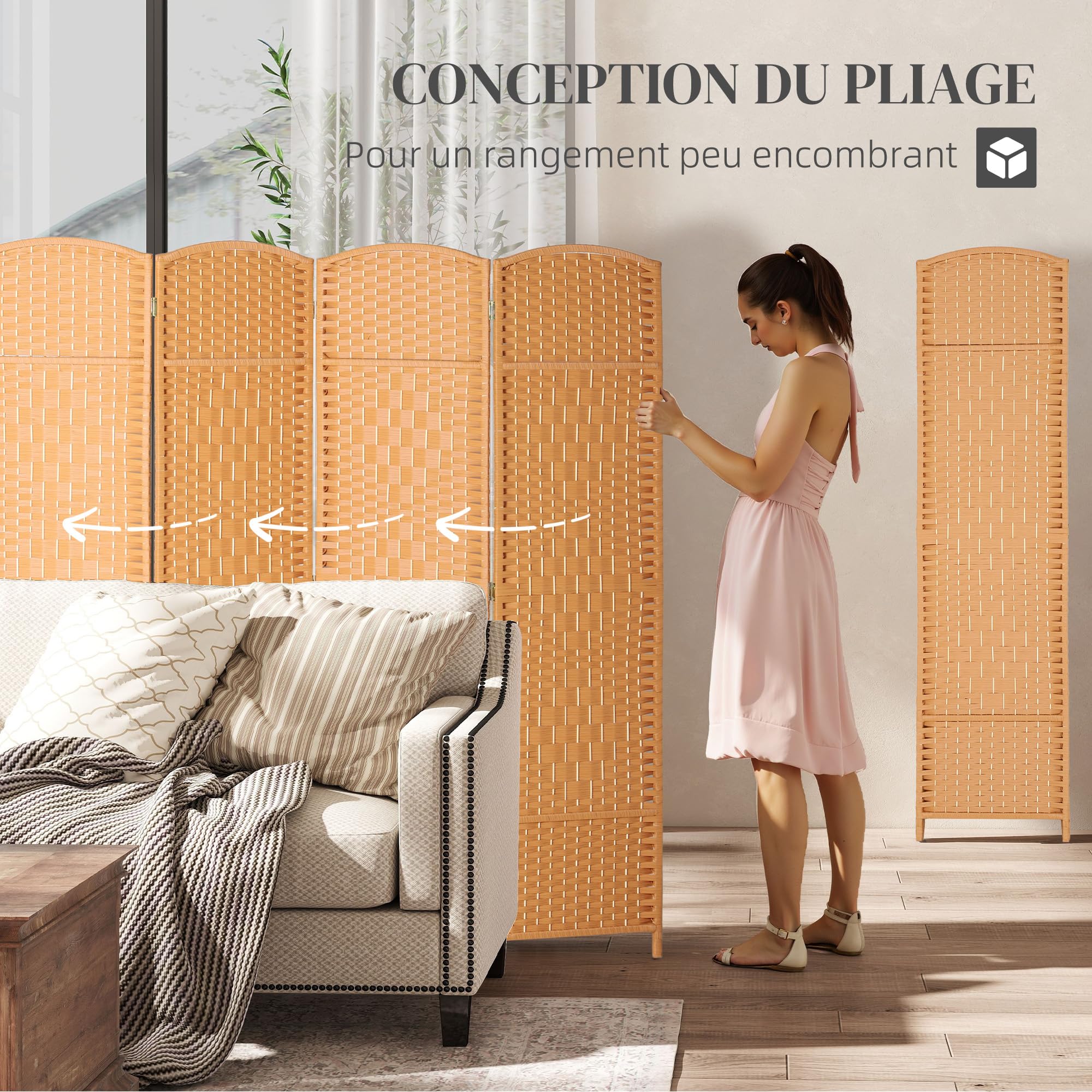 HOMCOM Paravent Intérieur en Bois, 4 Panneaux, 180 x 180 cm, Séparateur de Pièce Pliable, pour Salon, Chambre à Coucher, Maison, Brun Clair