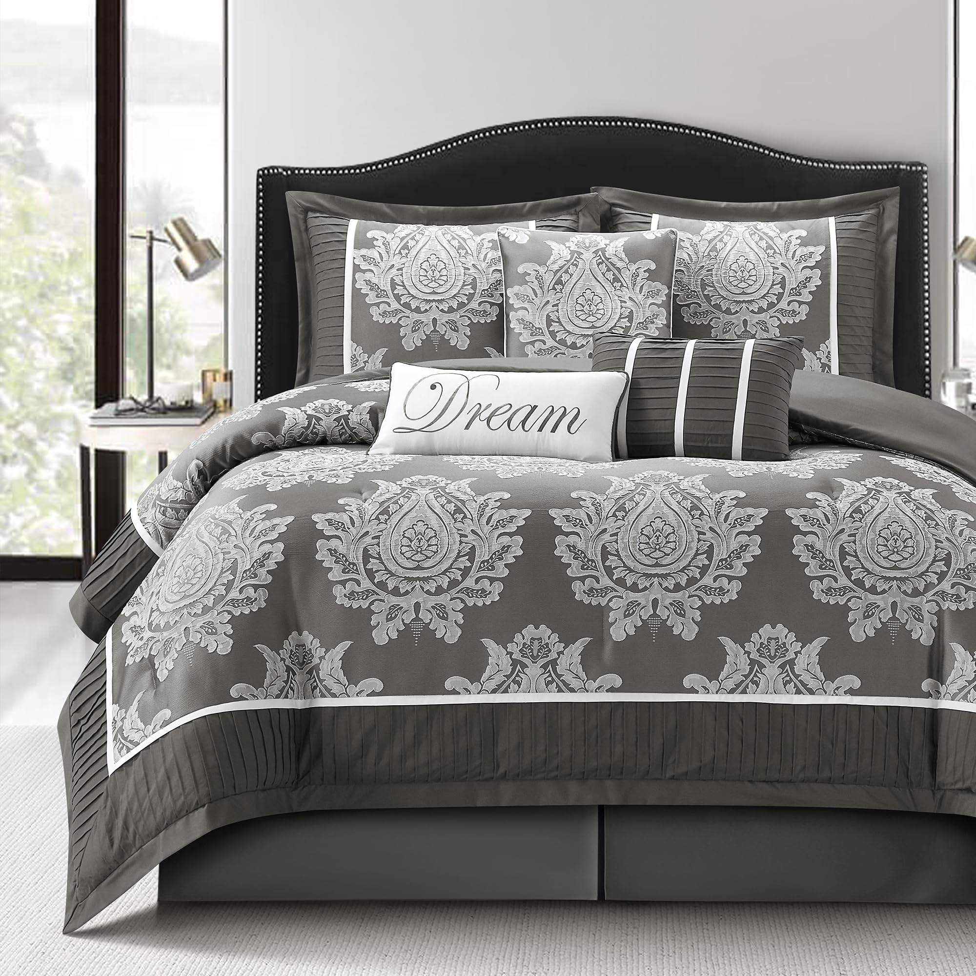 LANCO MODERN LIFESTYLE Grey California King Comforter Set 7 Pieces, Jacquard Woven with Damask, Bedding Set in a Bag Includes Comforter, Bed Skirt,