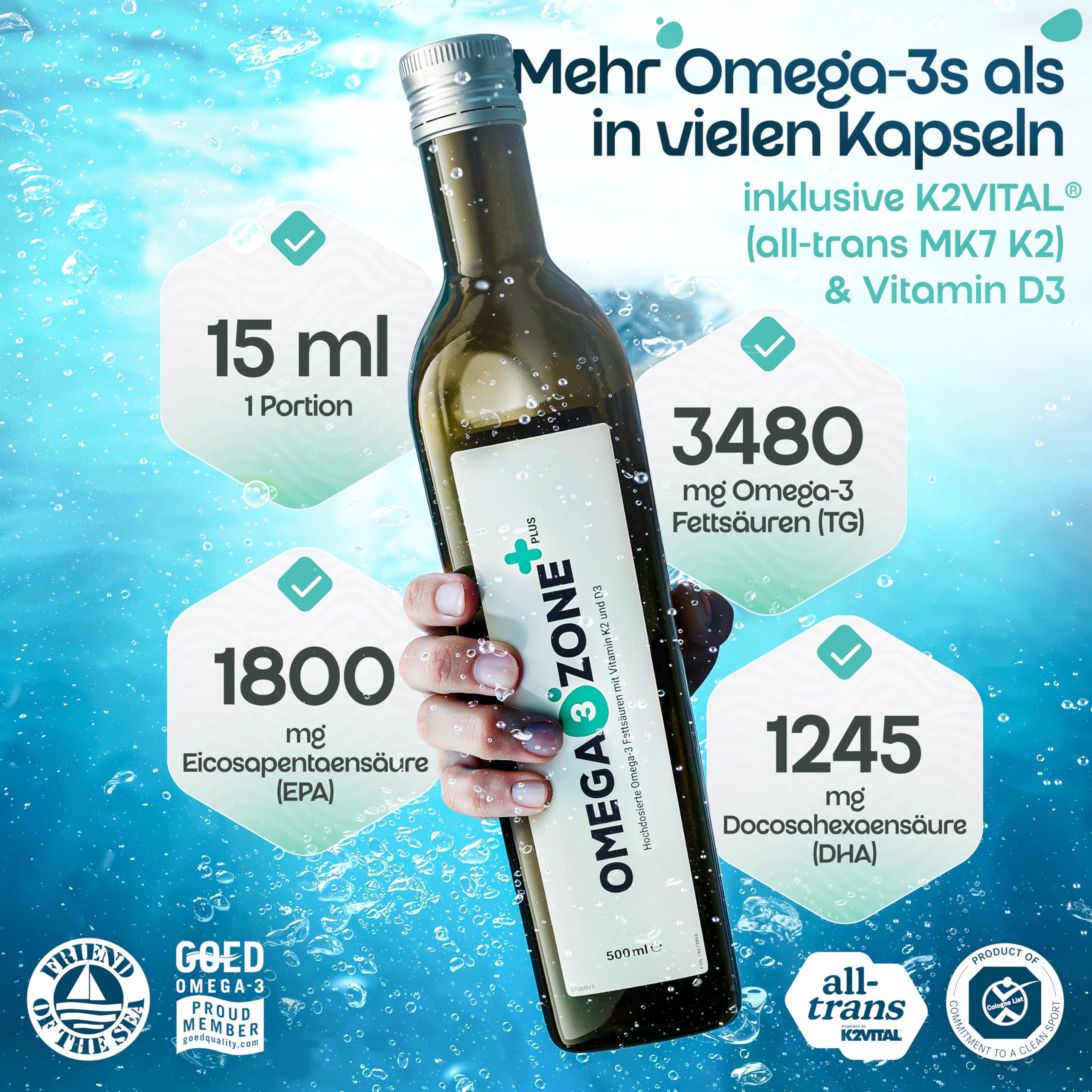omega3zone Omega 3 Öl mit Vitamin D3 K2 | Deutsche Qualität | Zitrone | 3 in 1 | Hochdosiert mit 3.000 mg EPA und DHA, Vitamin D3 und All Trans MK7 K2Vital® | Zitronen-Geschmack ohne Aufstoßen