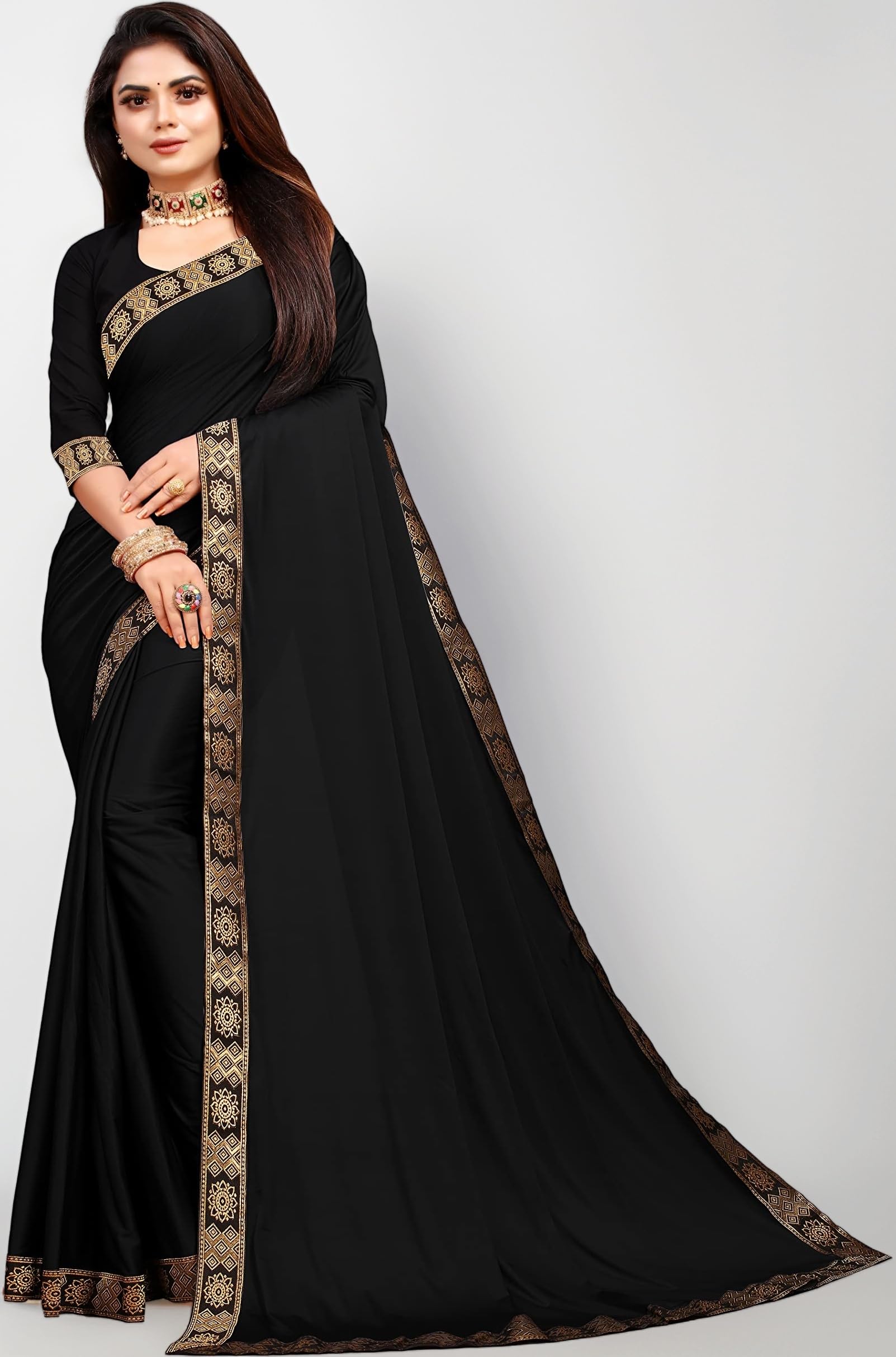 Women's Lycra Plain Jacquard Lace Border Gorgeous Saree with Blouse Piece