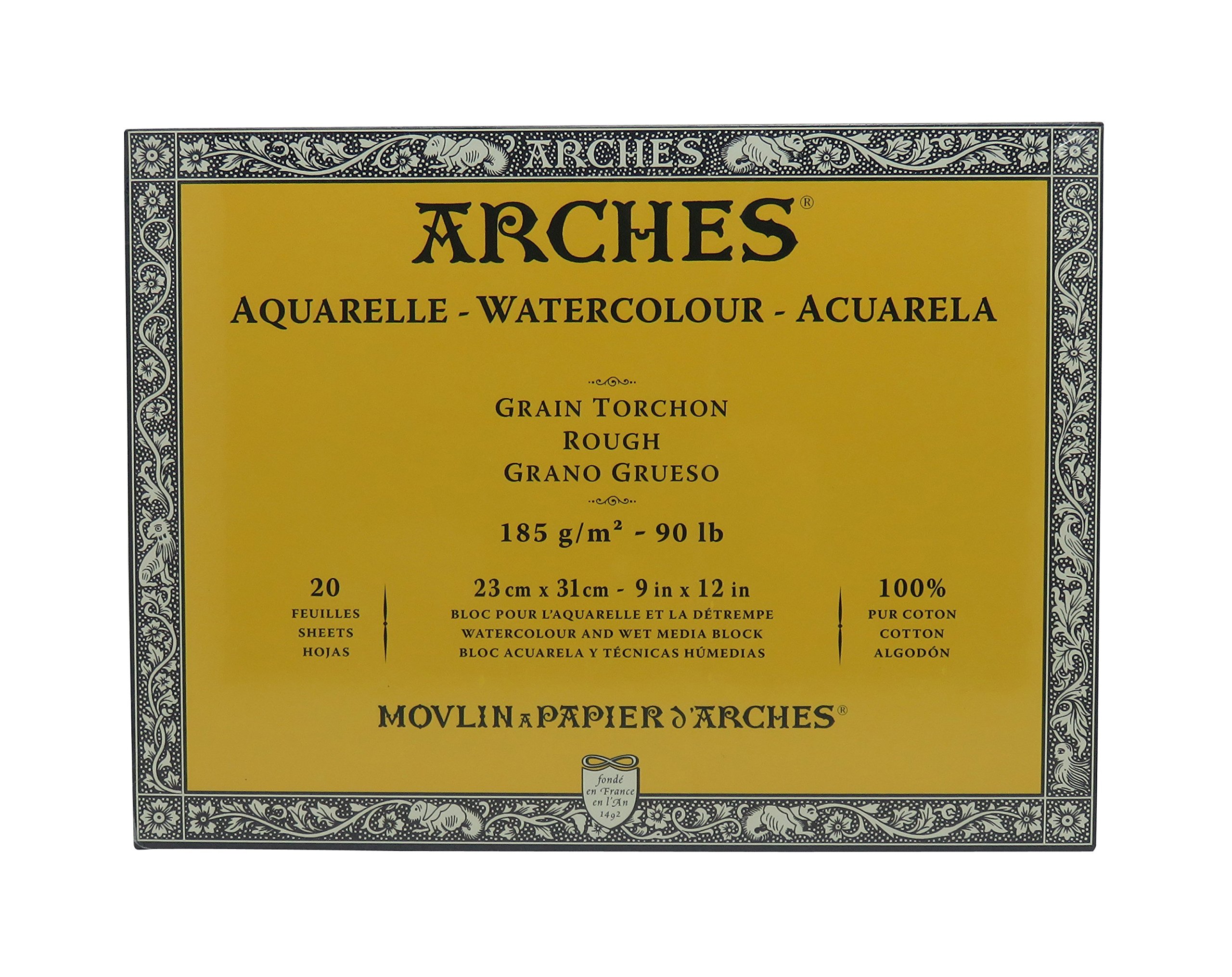 Arches 1795078 Aquarellpapier im Block (23 x 31 cm, 4-seitig geleimt, 185g/m² Grobkorn) 20 Blatt naturweiß