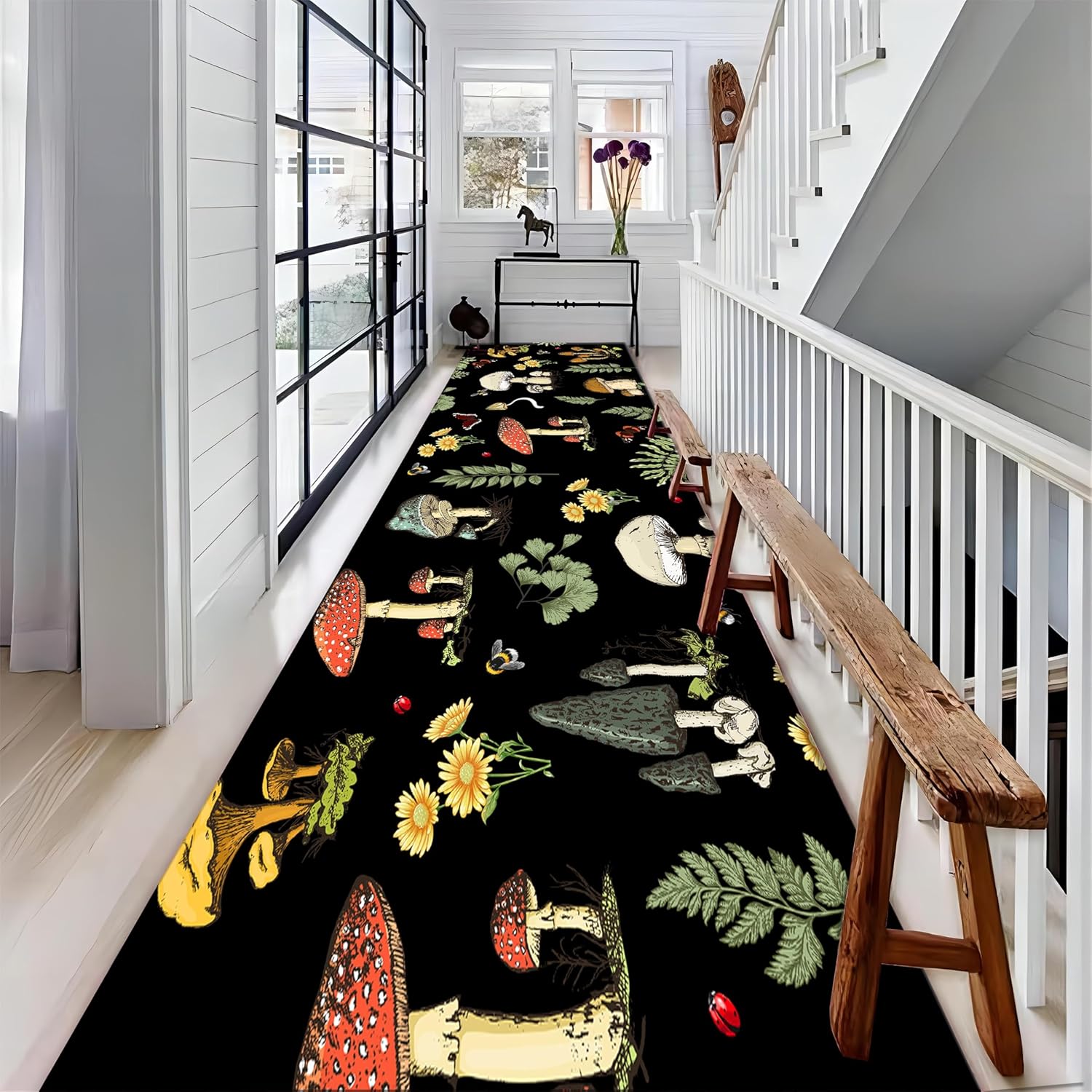 Mushroom Decoration Kitchen Rug, 1.3x7ft, Nature Plant Sunflower Butterfly Entryway Rugs, Absorbent Breathable Dirty Resistant Carpets, Reduce Noise Machine Washable Rug for Porch Entrance