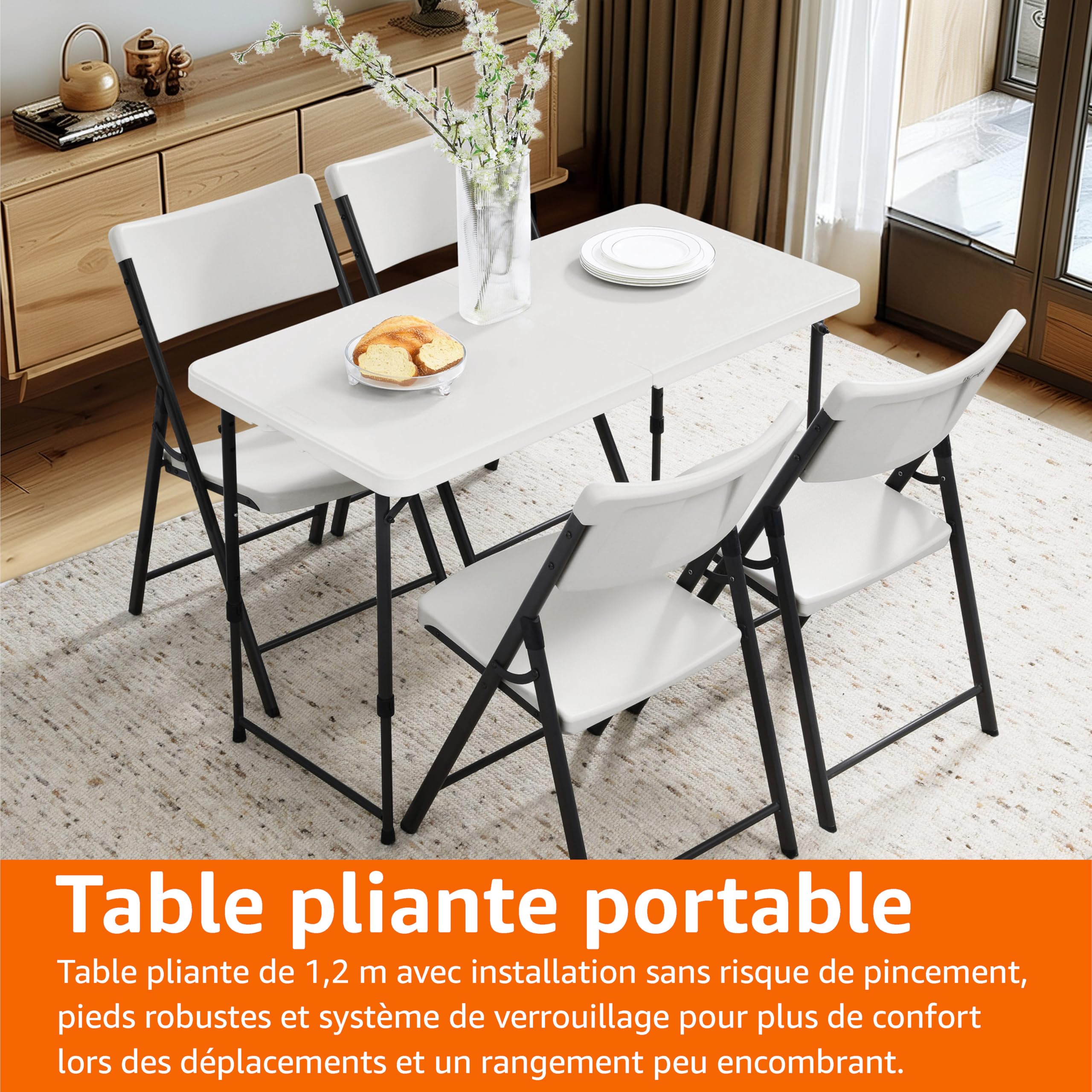 Amazon Basics Table Pliante rectangulaire Blanche, 4 hauteurs réglables, poignée de Transport, pour intérieur et extérieur, Portable, légère, pour Voyage, Pique-Nique, Camping, 121,4 x 60,7 x 86,1 cm