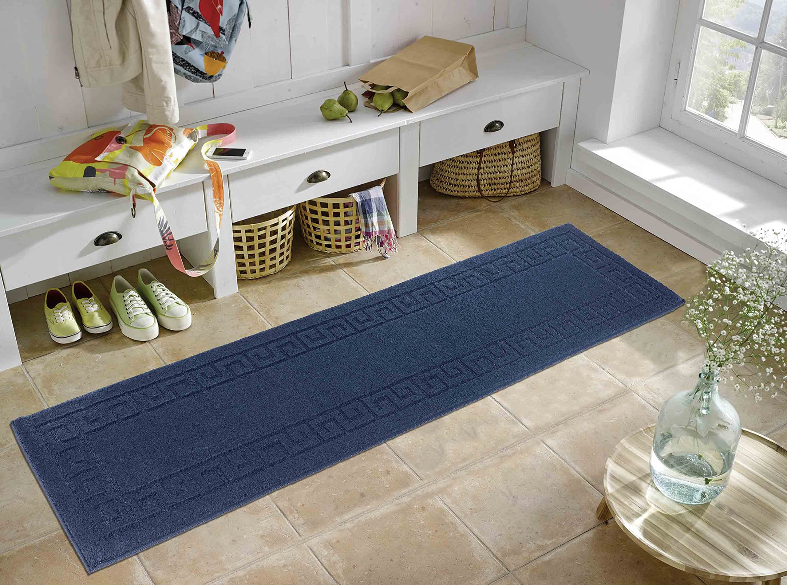 IVY Washable Door Mat Kitchen Mats Non Slip Greek Key Design Kitchen & Hall Runners Doormats, Navy, 80x300 cm