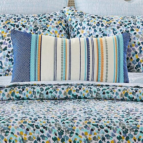 Miniatura 2 de Levtex Home - Azul Calicó - Almohada Decorativa (14 x 32in) - Rayas Bordadas en Lienzo Crema - Azul, Amarillo y Crema