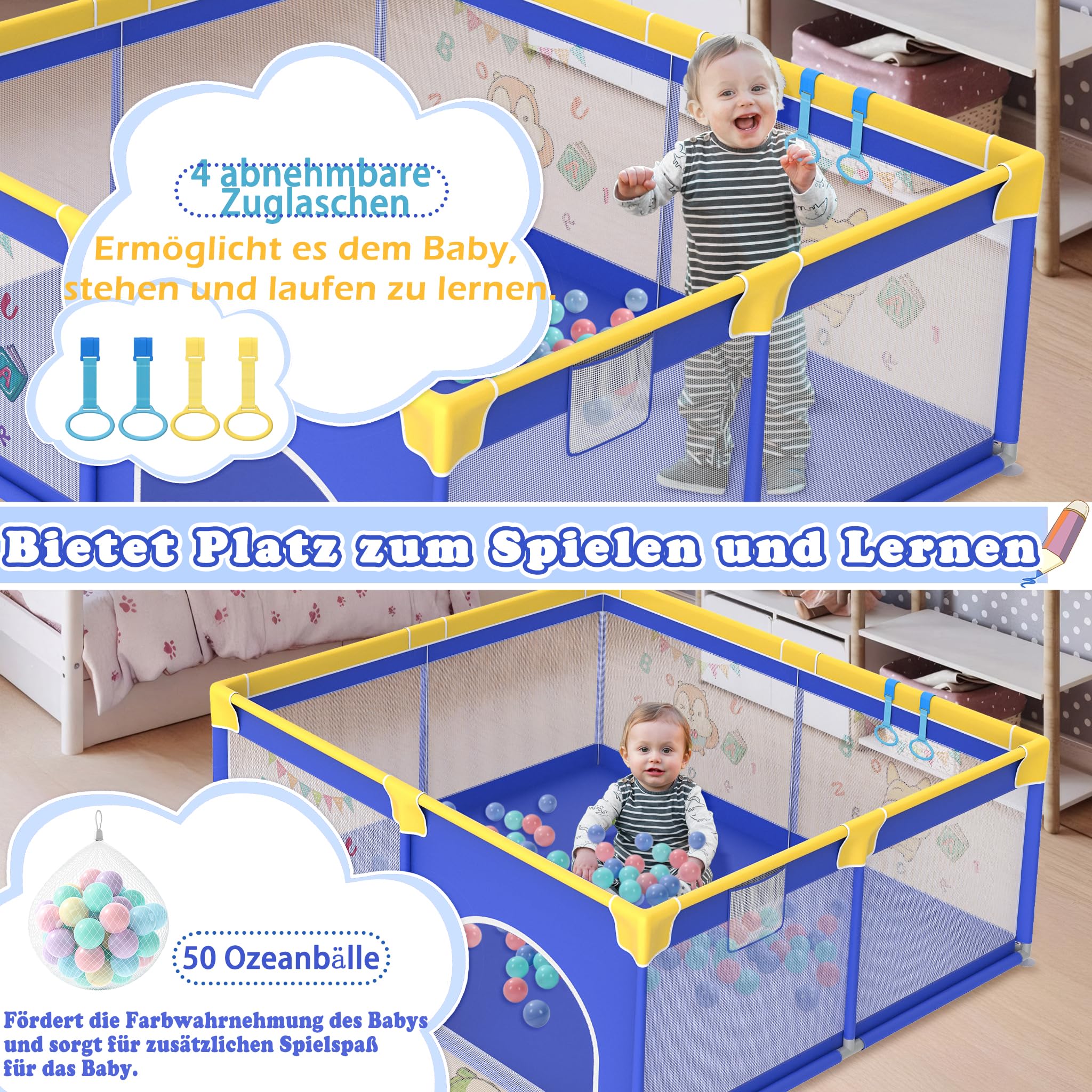 UISEBRT Parc pour bébé 180x200cm avec 50 balles océaniques & 4 anneaux de traction & sac de transport, parc pliable avec filet respirant pour enfants, bleu avec motifs animaux