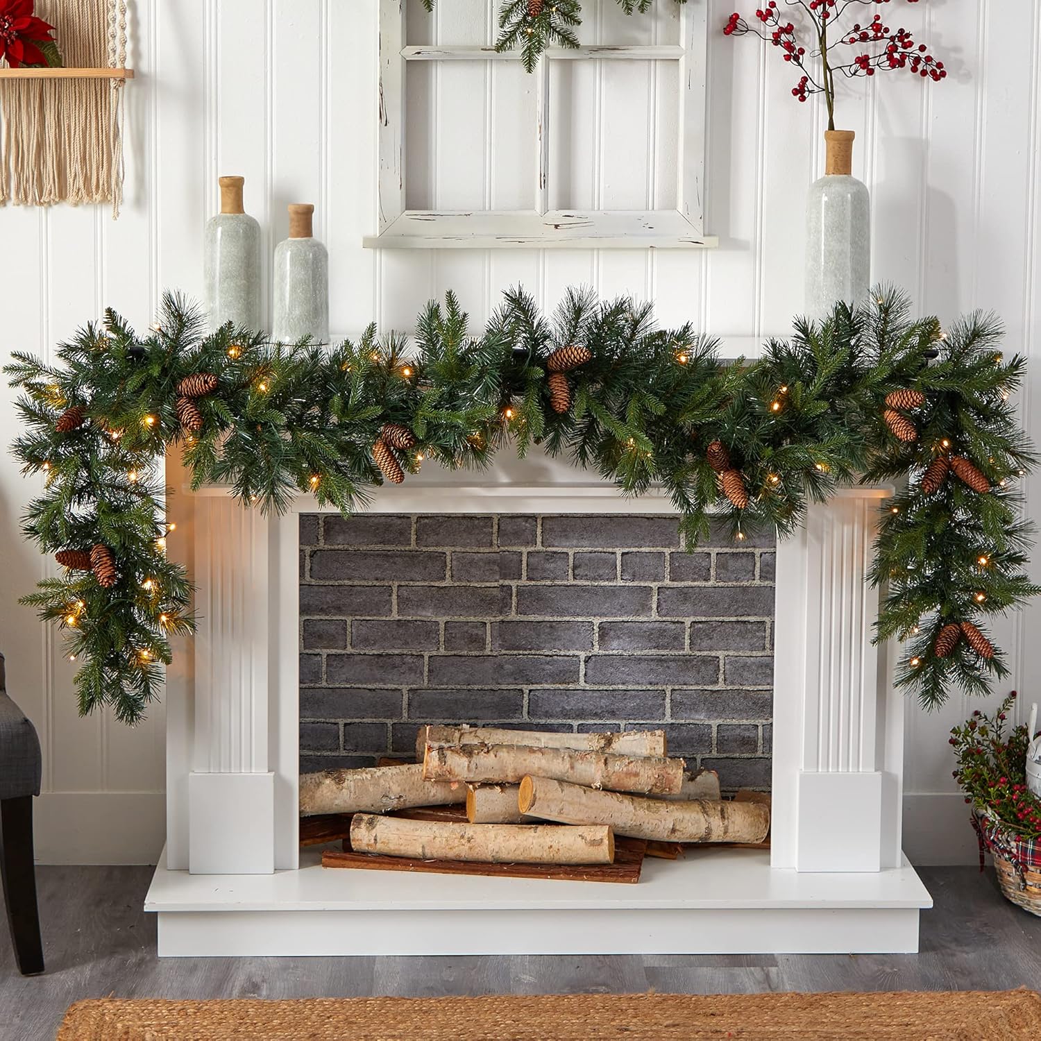 Nearly Natural 9ft. Mixed Pines and Pinecones Extra Wide Artificial Christmas Garland with 286 Bendable Branches and 70 Warm White LED Lights