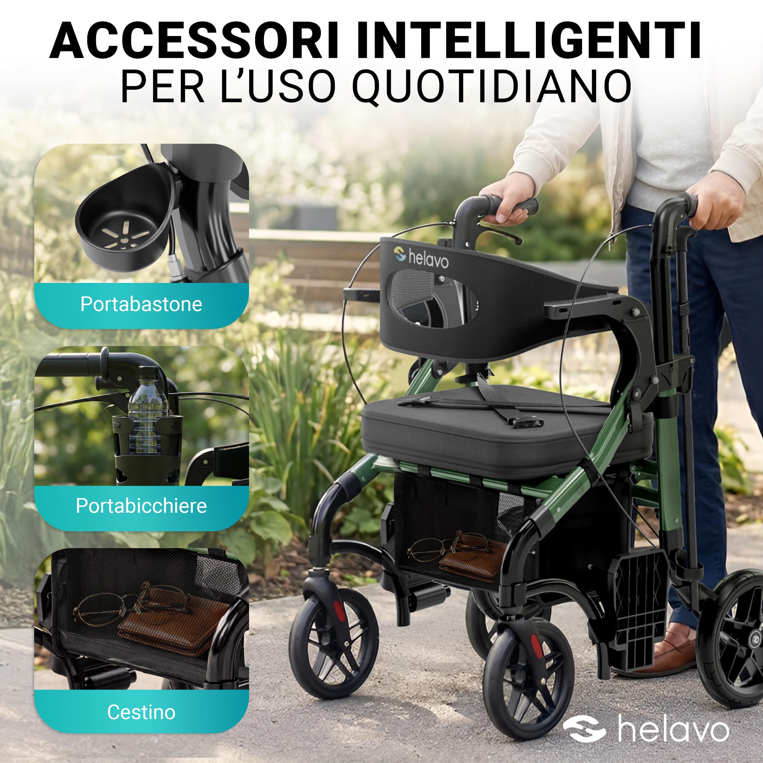 Helavo Deambulatore 2 in 1 e Sedia a Rotelle con Ruote All-Terrain – Deambulatore Sedia a Rotelle Pieghevole e Leggero, Regolabile in Altezza, Portata fino a 136 kg