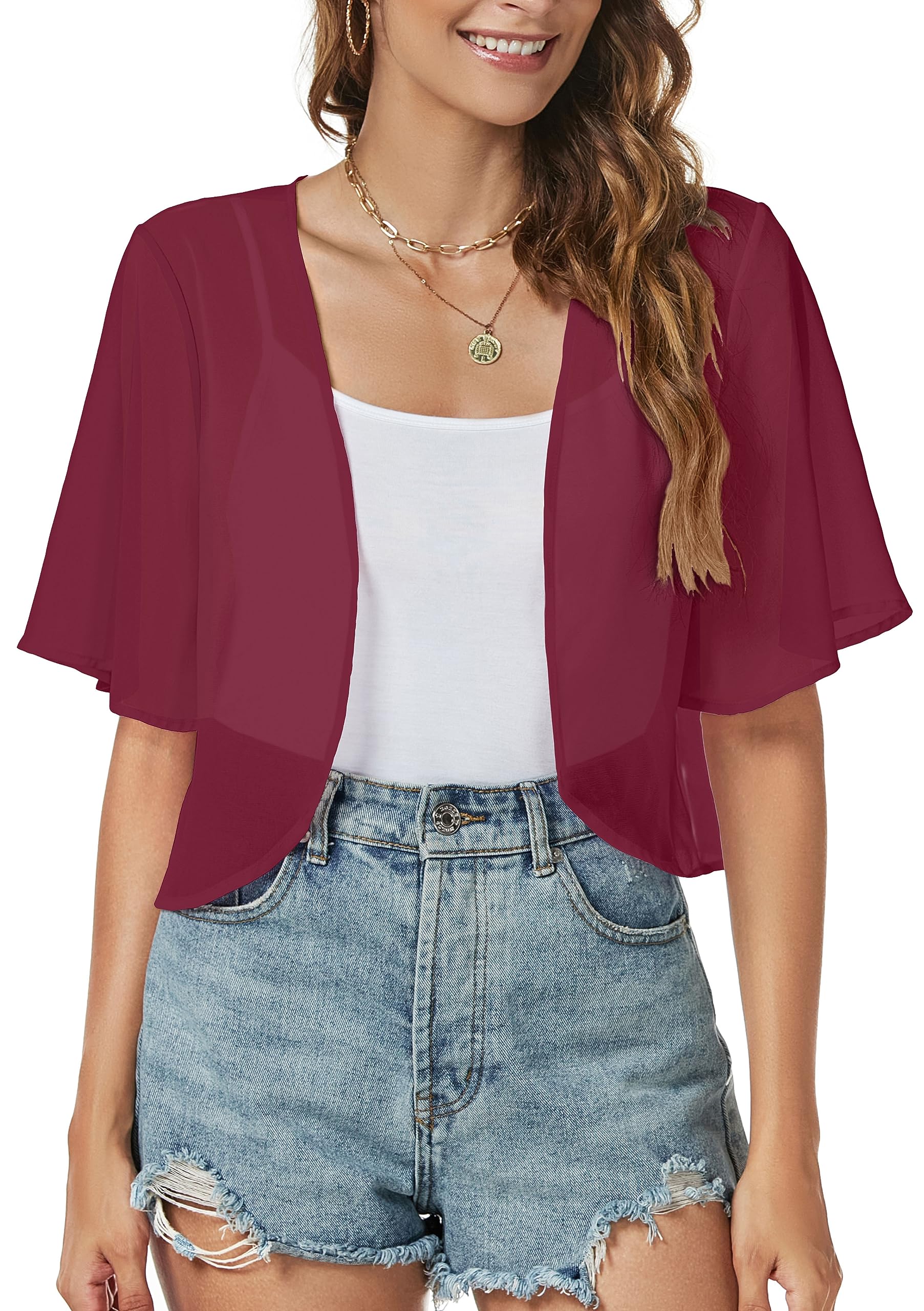 Women Shrug Chiffon Cardigan Open Front Short Sleeve Sheer Bolero for Dress | Lightweight Cropped,Loose Fit,Mesh Cover Up,Shawl Evening Dresses,Summer Outfits