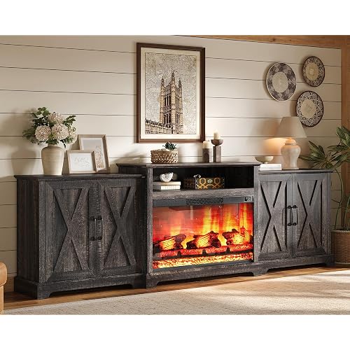 AMERLIFE 97" Large Fireplace TV Stand for TVs up to 110", Farmhouse Entertainment Center with 33" Electric Fireplace, Media Console with Storage Cabinets & Adjustable Shelf, Rustic Black