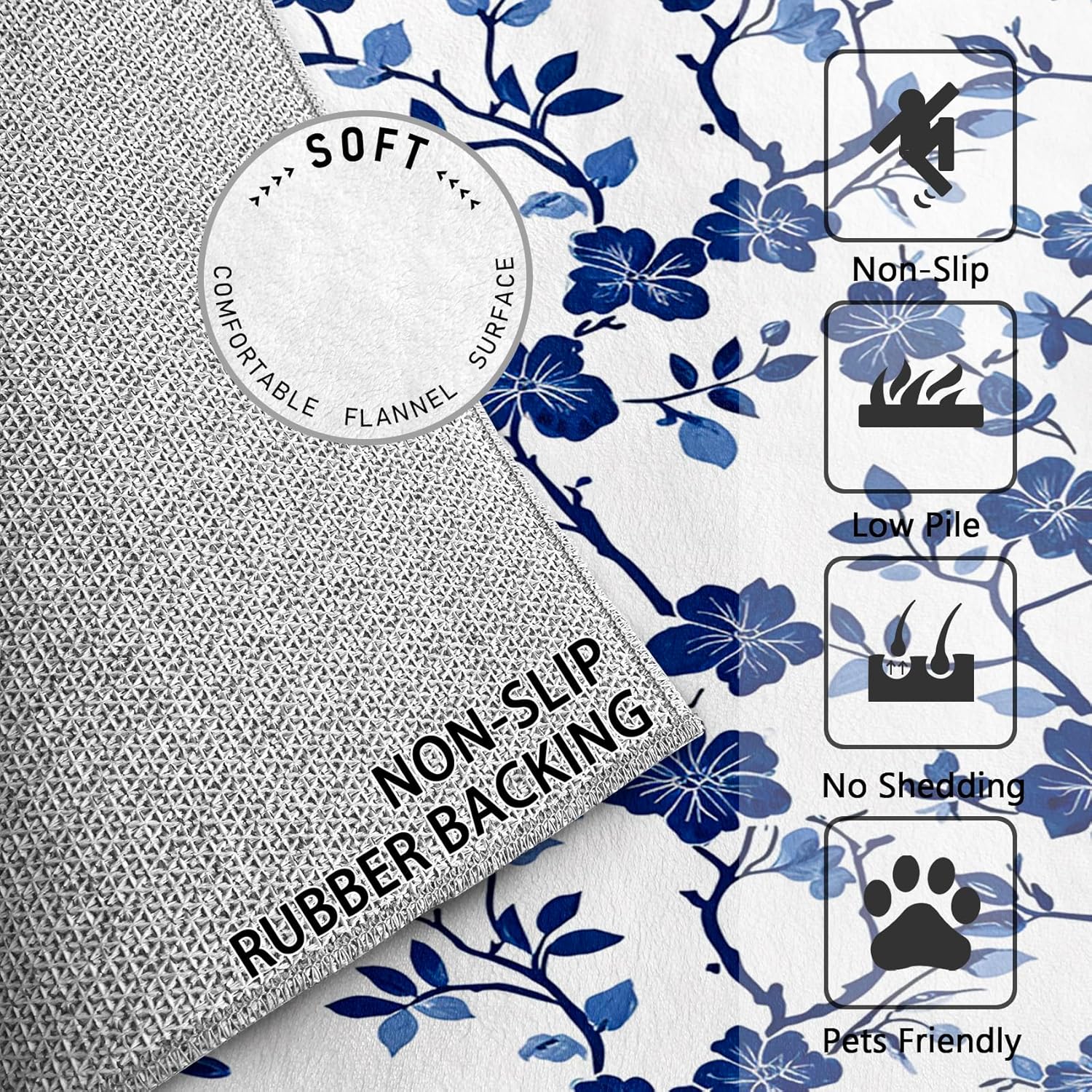 2x3 Rug, Blue Floral Door Mat Washable Non Slip Soft for Entryway, Blue and White Flower Rug, Botanical Asian Style Carpet, Blue Floral Home Decor & Gifts