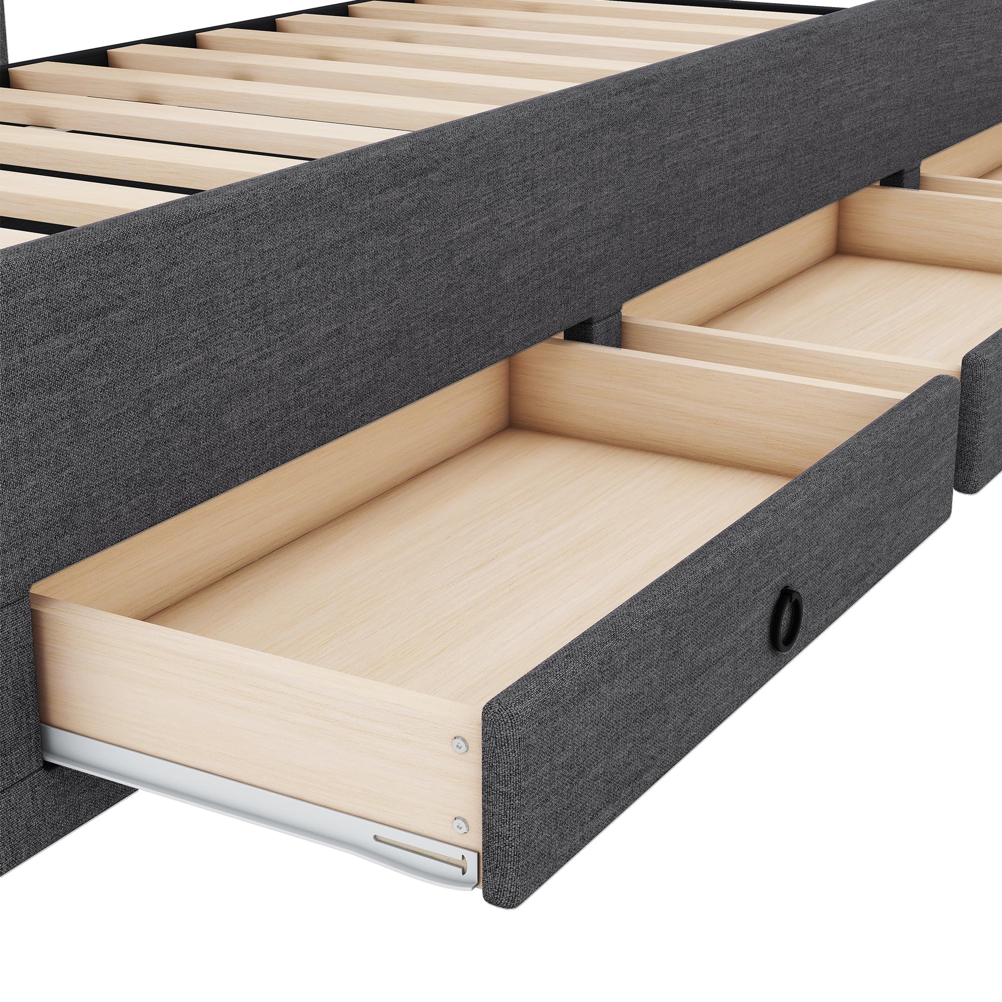 Letto imbottito 90 x 200 cm, letto singolo con 3 cassetti, telaio letto con letto estraibile 90 x 190 cm, testiera regolabile, letto familiare, lino, senza materasso (grigio, 90 x 200 cm)