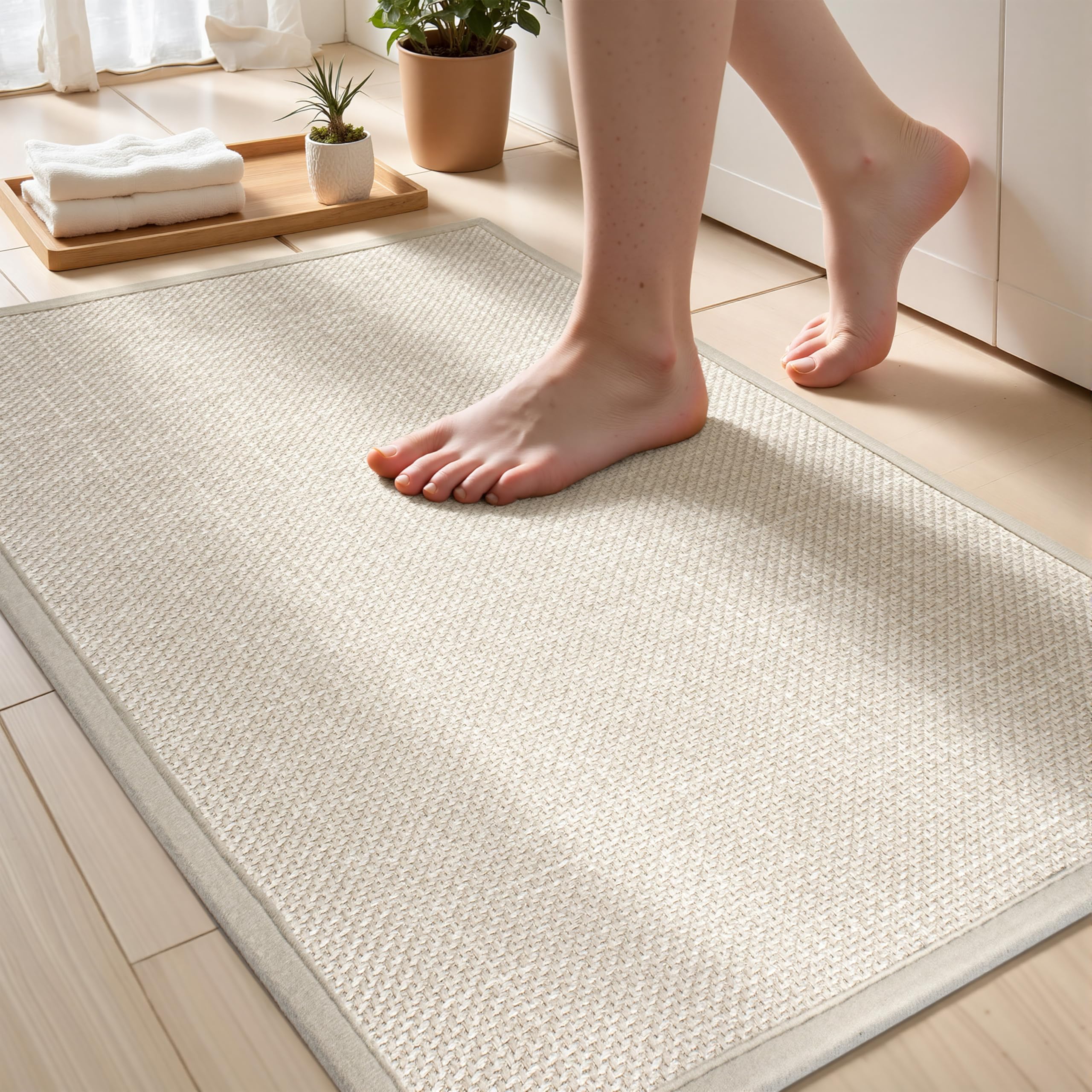 AevitasX Ultra Thin Non Slip Bath Mat with Rubber-Backing Braided Absorbent Machine Washable Bathroom Rugs, Quick Dry, Fits Under Door 17" x 24" Beige