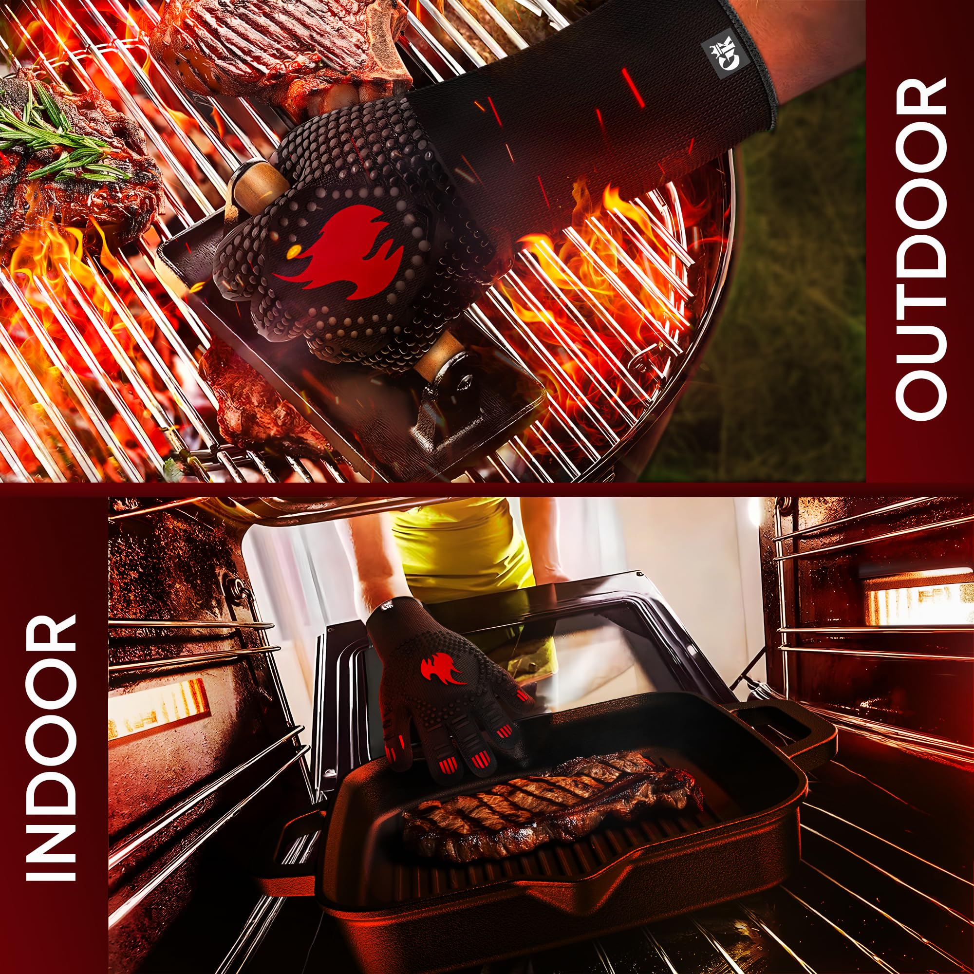 GUSSKÖNIG Grillhandschuhe hitzebeständig bis 800 Grad (X-S) - feuerfeste Handschuhe aus Aramid - Grillhandschuh Kochhandschuhe für Indoor&Outdoor Kochen (Rot)