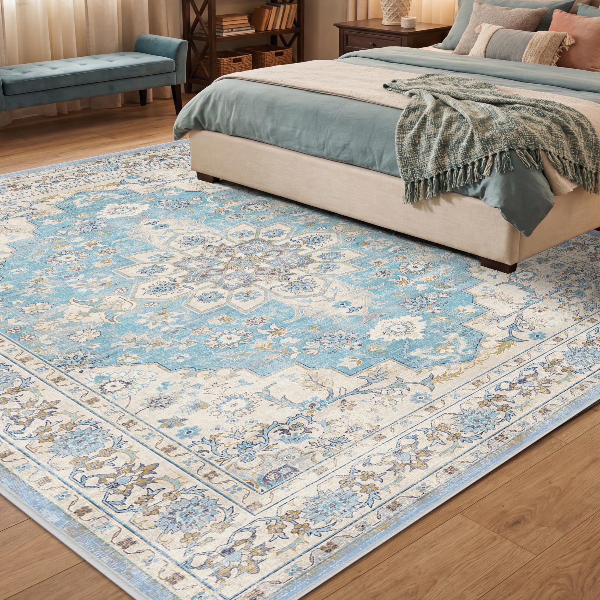 Rugs for Living Room Bedroom 200x300cm, Extra Large Machine Washable Area Rugs Non-slip, Vintage Boho Rugs, Soft Short Pile Carpet, Light Blue Runner Rugs for Hallway, Carpet for Kitchen, Office