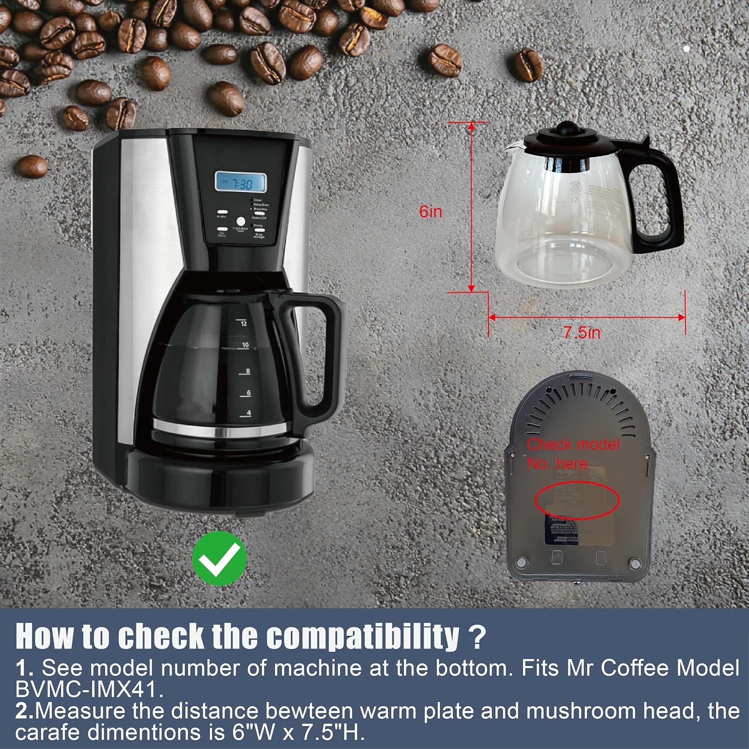 Image showing how to check the model number on a coffee maker base and carafe dimensions