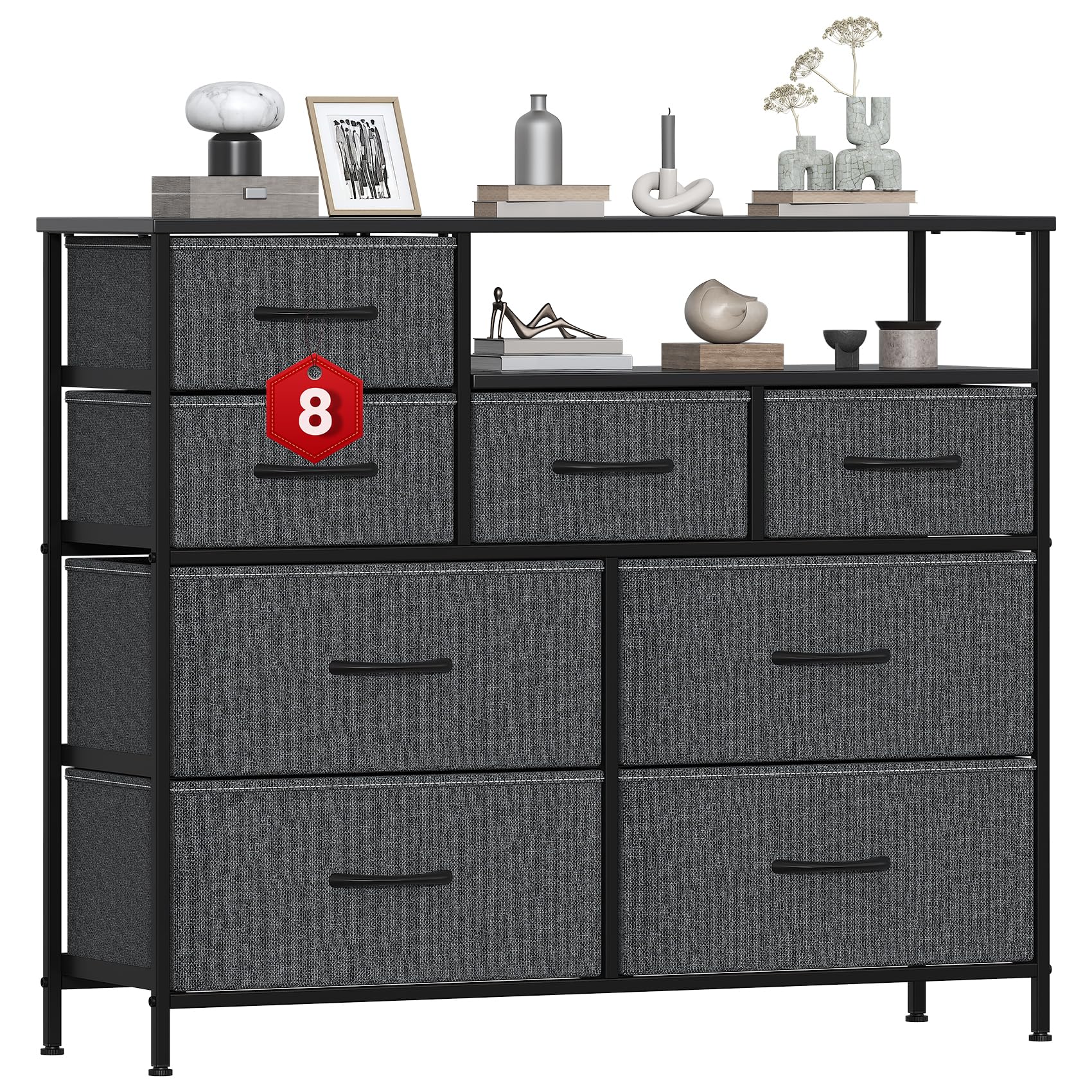 GoaHi 8 Drawer Fabric Chest of Drawers, Wide Metal Frame Storage Unit, Open Compartment MDF Top Clothes Organiser Cabinet for Bedroom Living Room Hallway, Deep Gray