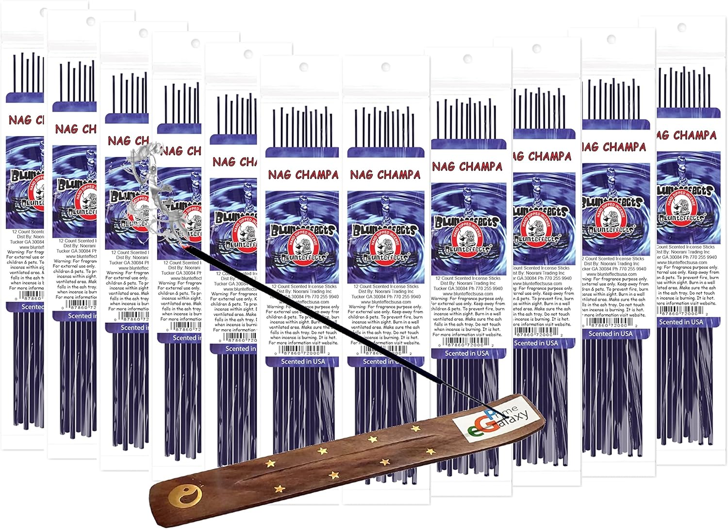 Blunteffects Premium Hand Dipped Incense - 12 Pack [12 Sticks Each] - 144 11" Sticks - 300g- 45+ min per Stick with eGalaxyPrime Incense Holder [Choose The Scent] (Nag Champa)