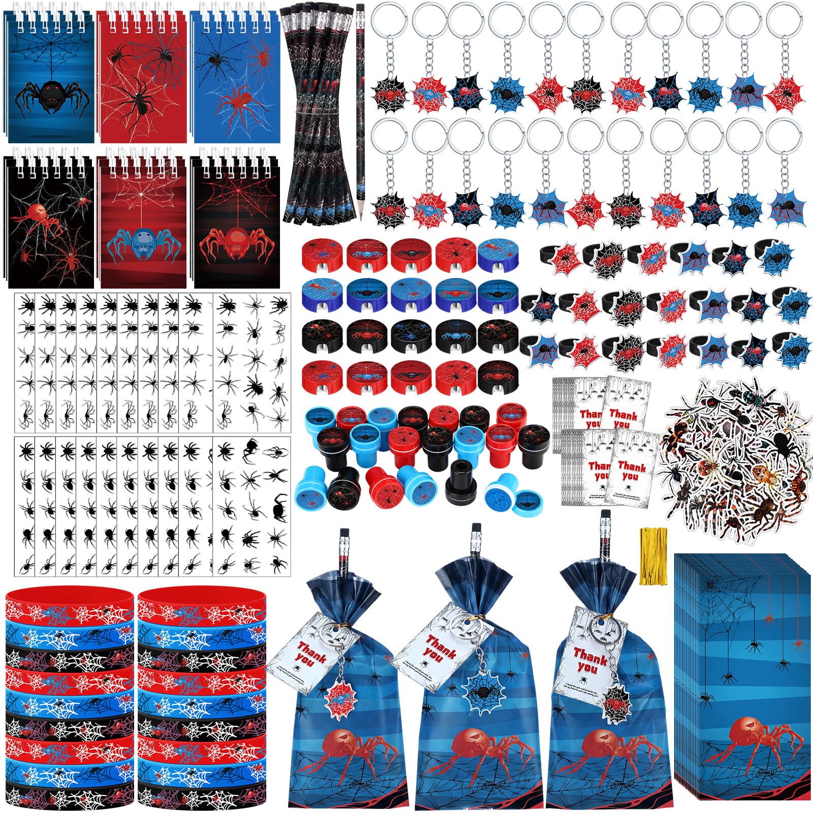 Sayglossy 251 pezzi 20 ospiti Spider Party Favors include sacchetti regalo matita notebook temperamatite braccialetto anelli portachiavi adesivi gonfi timbro per baby shower festa di compleanno