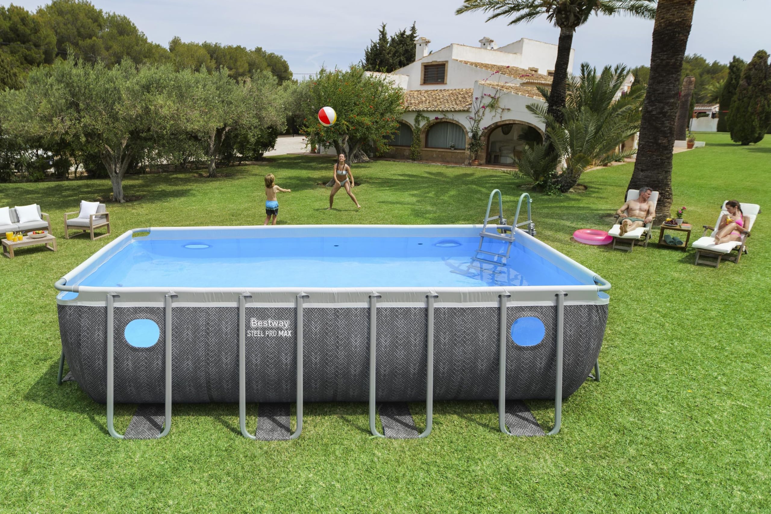 Bestway Steel Pro MAX Frame Pool Komplett-Set mit Filterpumpe, 488 x 244 x 122 cm, 11.532 Liter, Rattan-Optik, Splashview Bullaugen, Sicherheitsleiter, Abdeckplane, Filterkartusche, Schiefergrau
