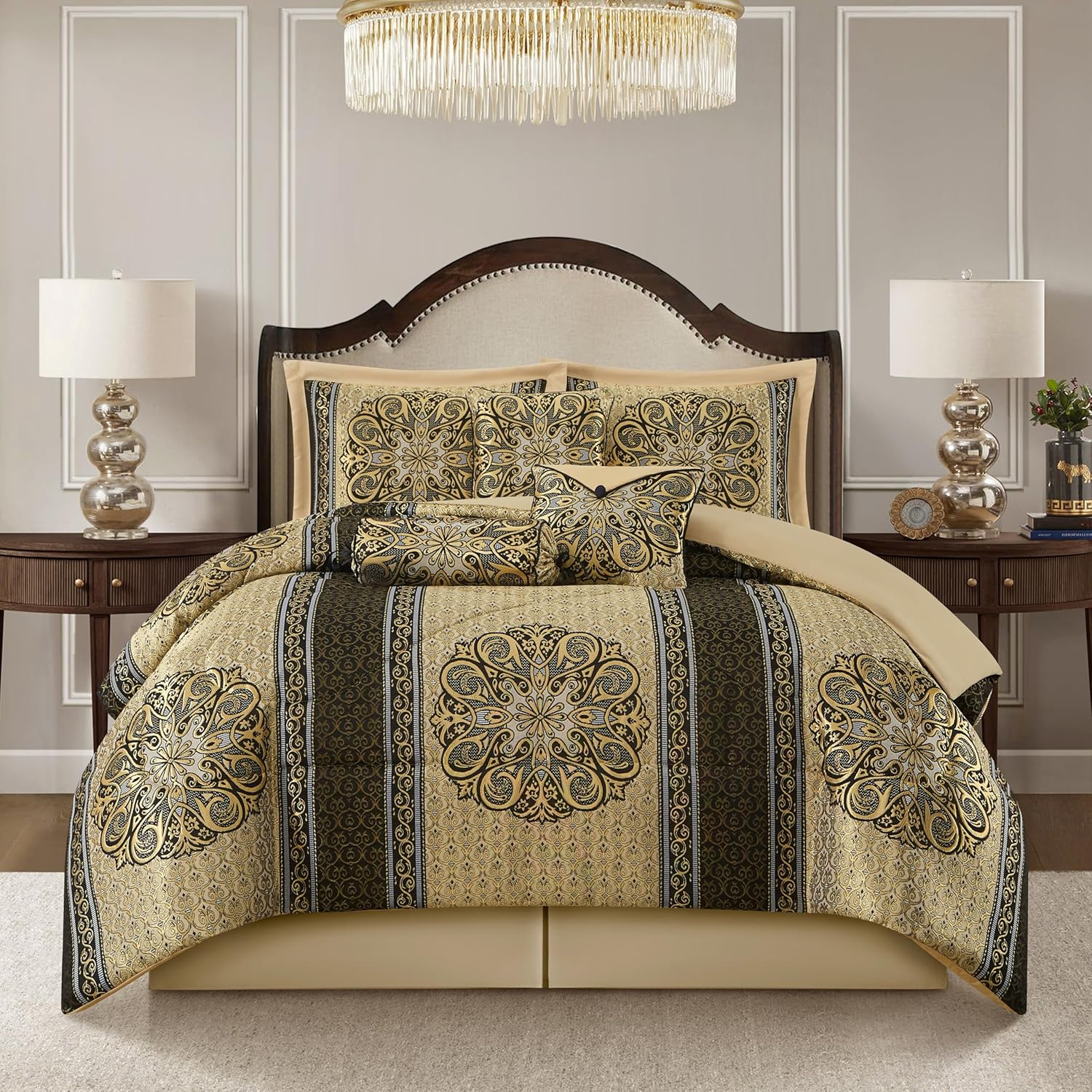Stratford Park Luxury 7 Piece Comforter Set, Black Gold, King Size, Premium Quality, Bohemian Design Black Gold King