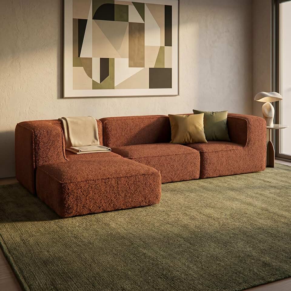Sofá Modular Flow Boucle Plus - 3 Lugares - 2 Cantos com Apoio de Pé - Terracota