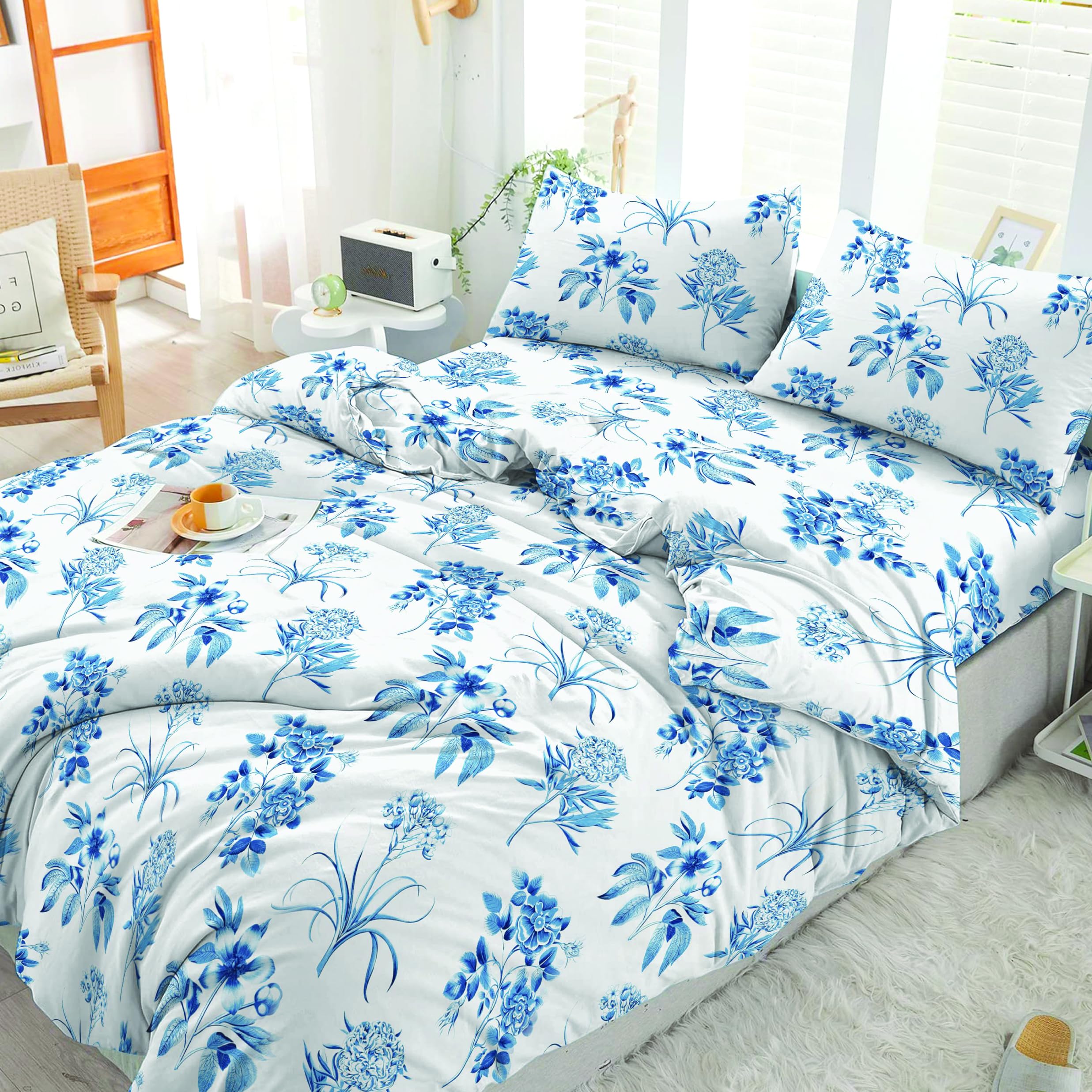 Cotton Comfort Bedding & Linen 3PCS Double Duvet Cover Set 100% Egyptian Cotton Bedding Double Bed Set 400 Thread Count Floral Printed Blue Floral Duvet Cover Double with Pillow Cases 2 Pack