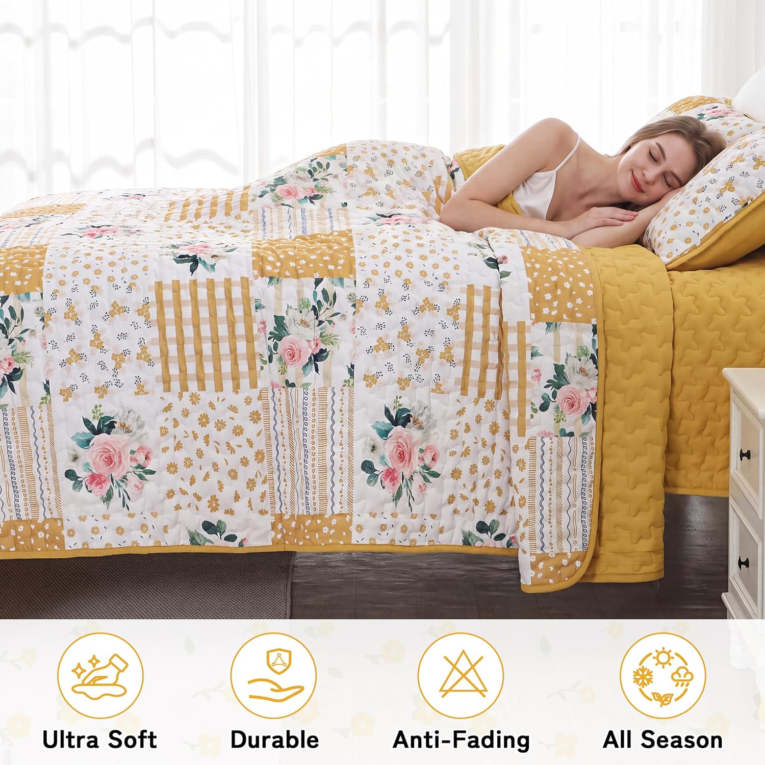 Oversized King Size Yellow Floral Patchwork Quilt Set 128x120 Extra Wide Super King Size Rversible Quilted Bedspread Coverlet Set 3-Piece Comforter Bedding Set Bed Cover with 2 Pillow Shams
