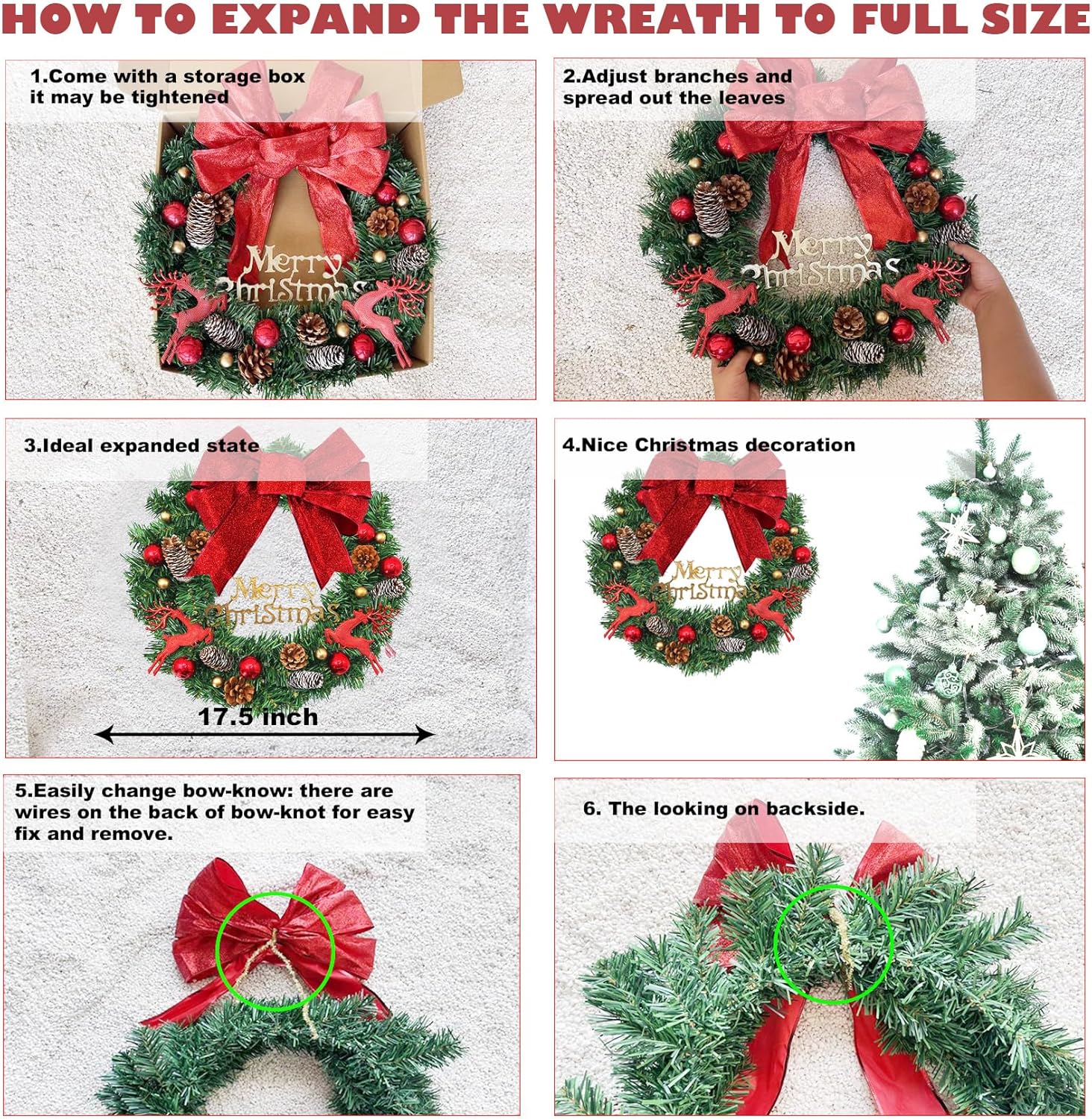 Christmas Door Wreath, Wreaths for Christmas Decor, Holiday Wreath Flocked with Pine Cones, Ball Ornaments and 2 Bows, Indoor Outdoor Decorations, Beautiful on Wall, Window, and Mantel, 18 inches - Image 5