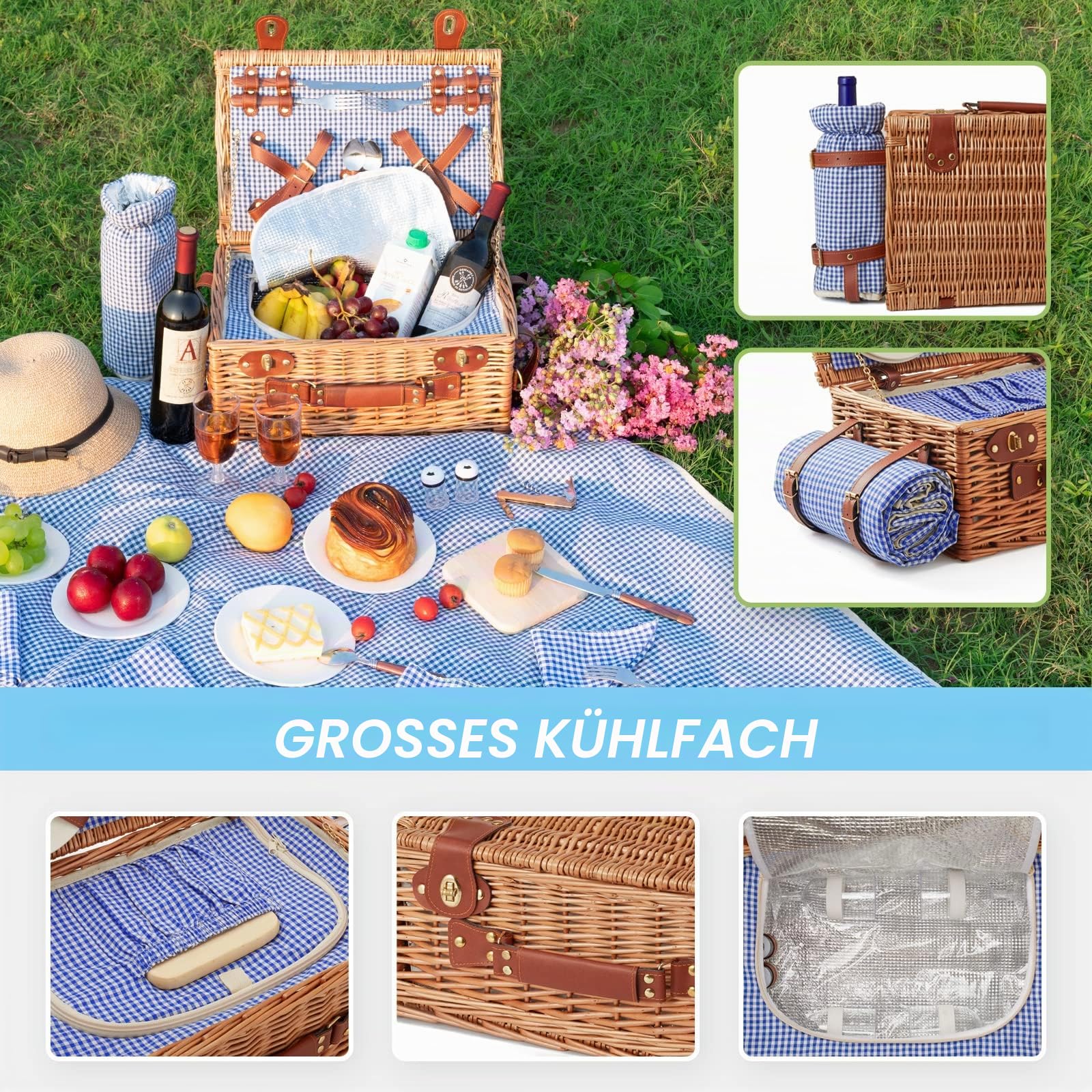 Wicker Picknickkorb Set für 2-4 Person mit Kühlfach und wasserdichte Picknickdecke, Abnehmbarer Riemen, Weinbeutel, Besteck Set, für Camping, Strand, Wandern, BBQ und Familie/Paare Geschenke, Zubehör