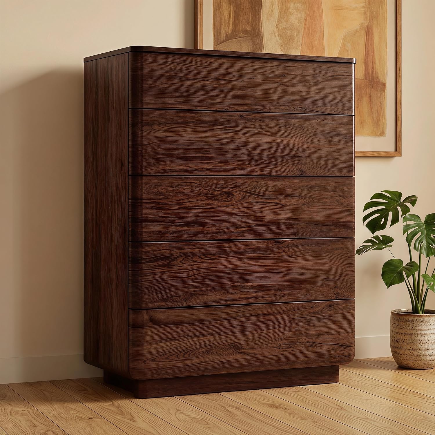JXQTLINGMU 6 Drawer Dresser for Bedroom, 52" Wide Modern Wood Dressers with Push-to-Open Drawers for Closet Storage, Chest of Drawers TV Stand for Living Room & Hallway, Curved Profile, Walnut