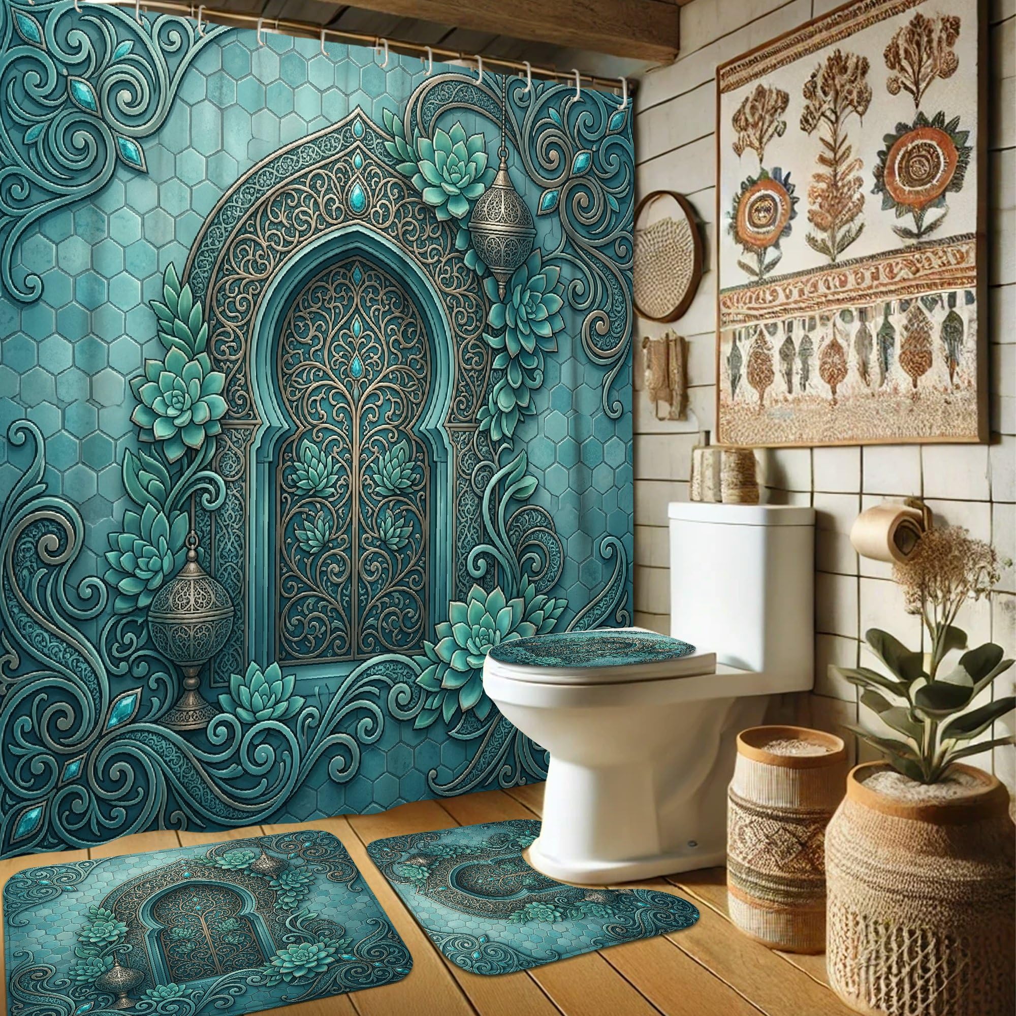 Rideau de douche imperméable arche marocaine bohème et tapis anti-moisissure