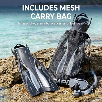 Rapido Boutique Collection Flipper Open Heel Adjustable Snorkel Fin with Snorkeling Gear Carry Bag, Easy Packing and Traveling Snorkeling Swim Fins for Men and Women
