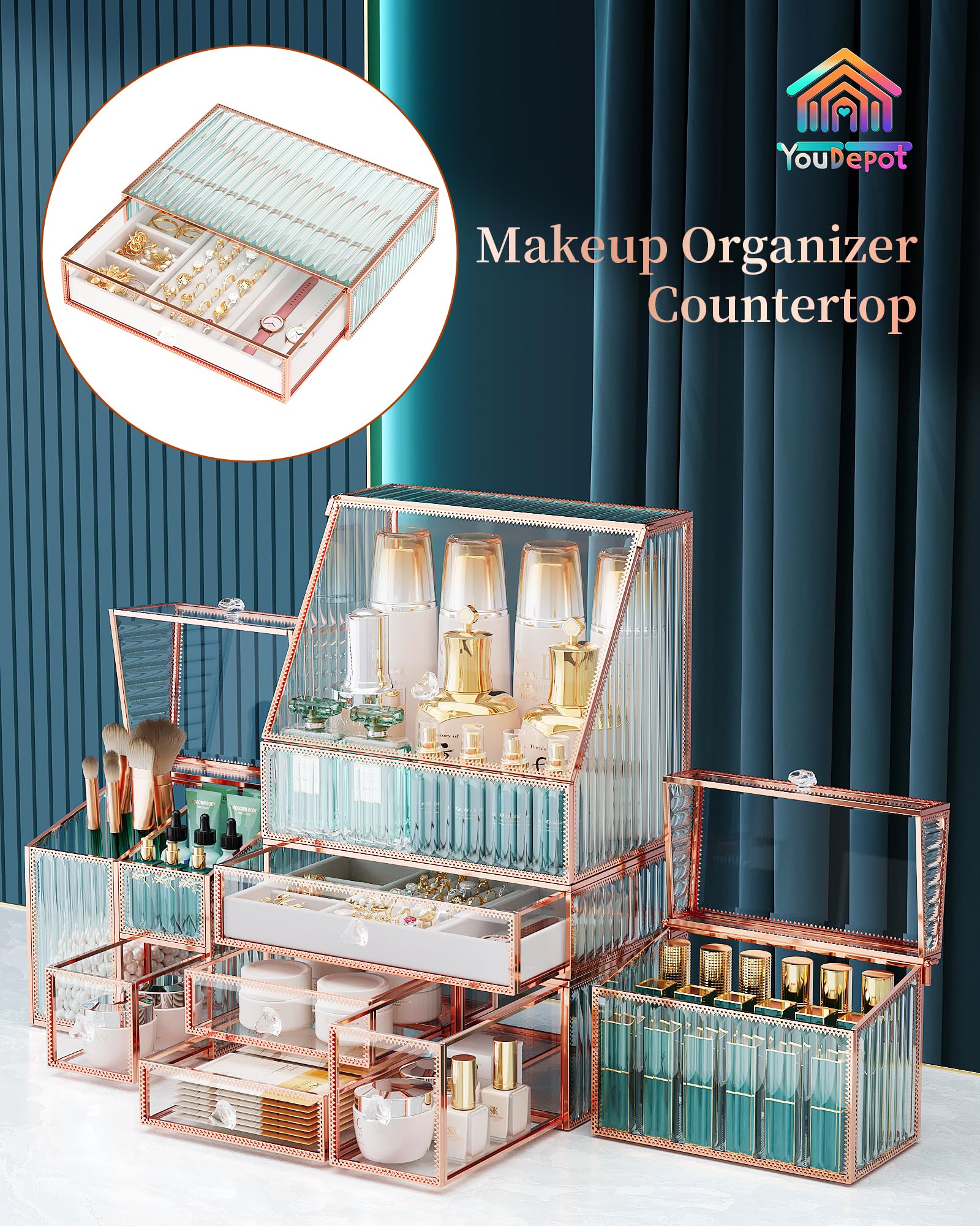 Youdepot Extra Großer Make up Organizer 5-teilig, Kosmetik Organizer aus gehärtetem Glas mit Schubladen, Schmuckbox, Pinselhalter, Skincare, Lippenstift und Parfüm