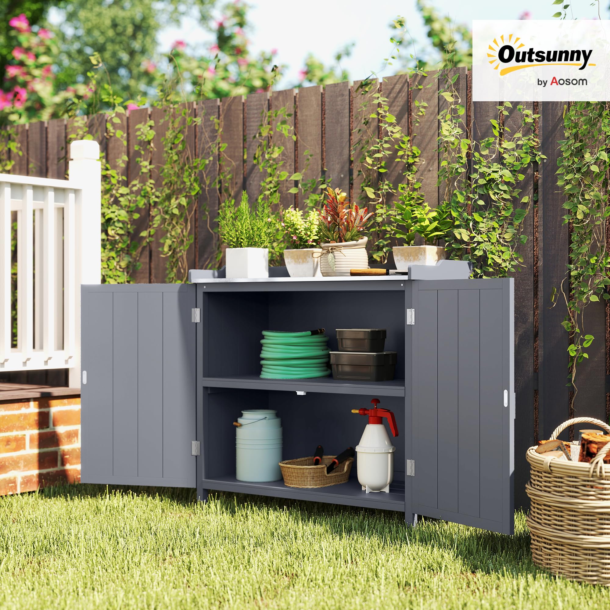 Outsunny Armadietto da Esterno in Legno di Abete 98x48x95.5 cm Grigio
