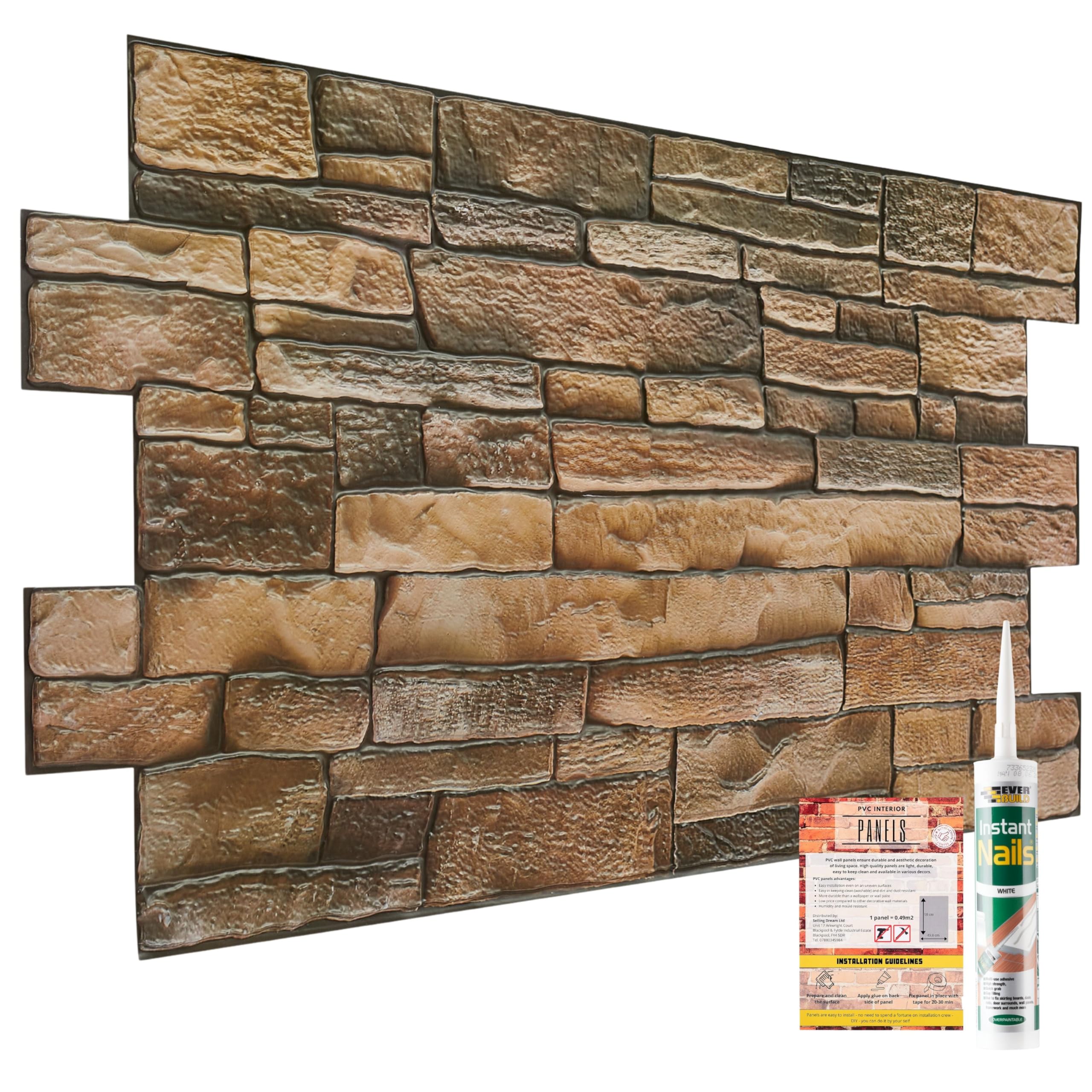 Novecrafto Rustic Tan 3D Wall Panels With Adhesive Included - 4 Sheets Covering 1.84 Sqm | 19.84 Sqft Moisture Resistant Pvc Plastic Cladding Panel - 96 Cm X 48Cm | 37.79 X 18.89 In - With Brickwork Effect