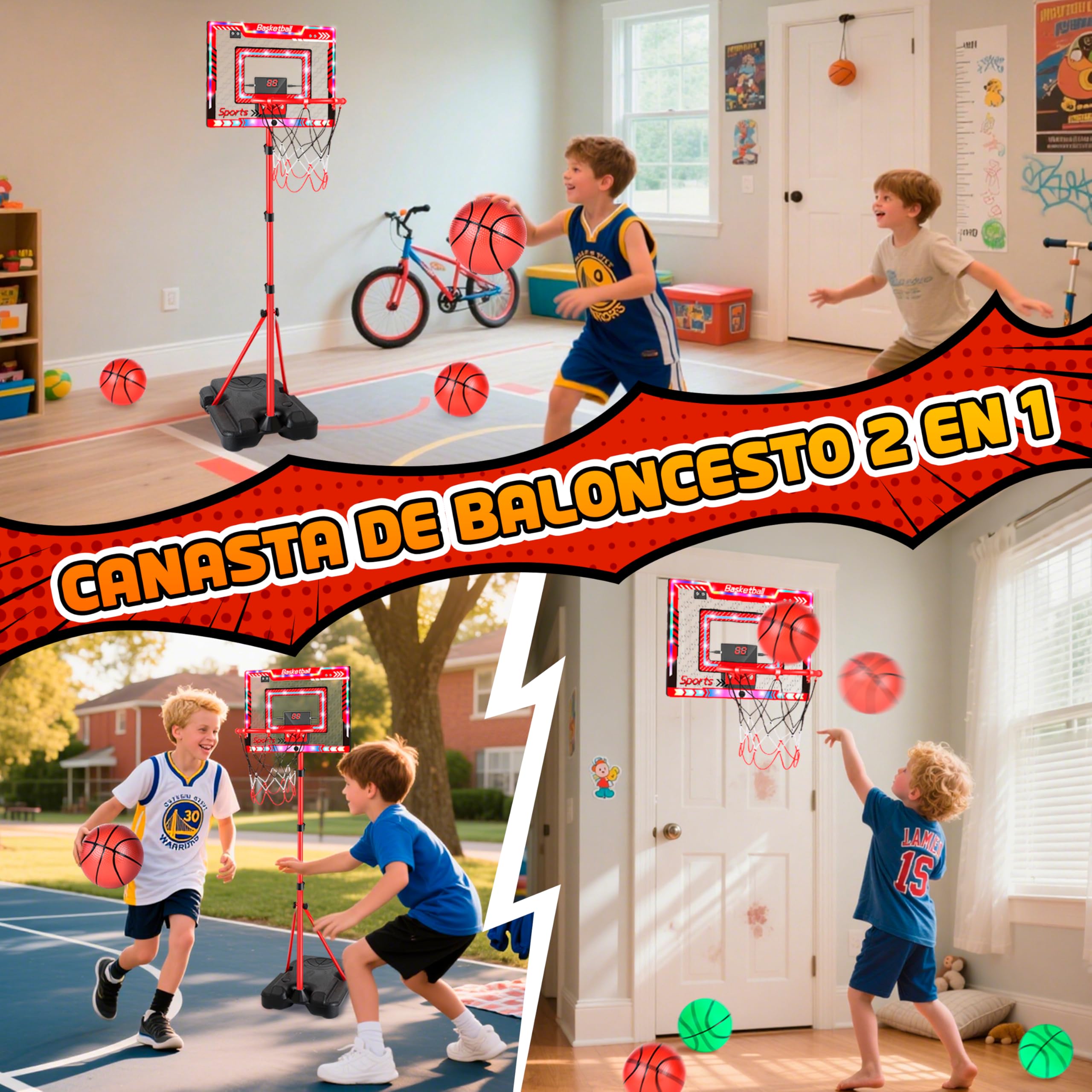 Charmofun Canasta de Baloncesto LED para Niños, Altura Ajustable 105-183 cm, Tablero de Basket Interior Exterior Juego con 6 Balón, Portátil con Base Ponderada, Regalos Juguetes para Niños 8+ Años