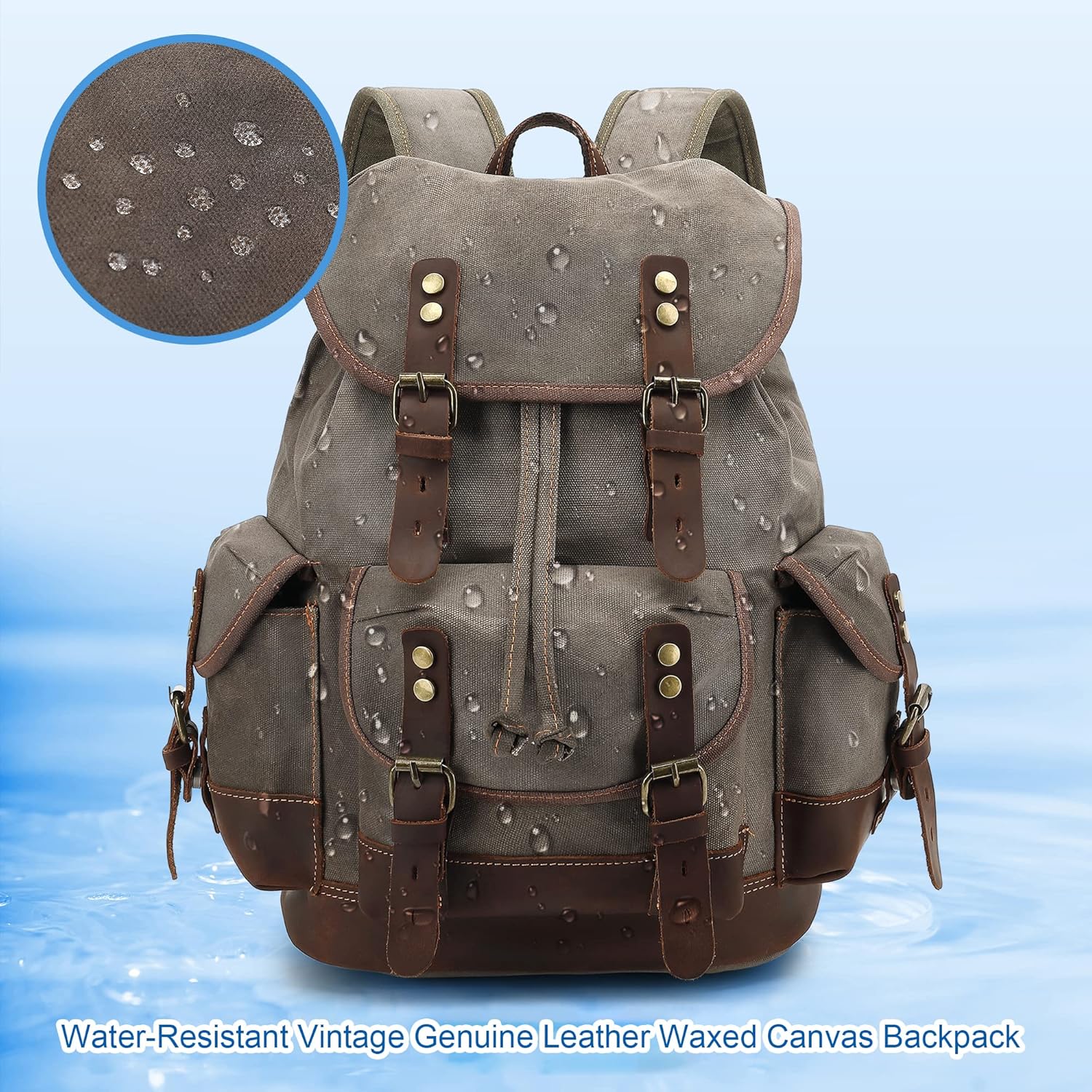 HuaChen Vintage Wax-Coated Canvas & Leather Backpack: Spacious Durable Rucksack for Men & Women, Perfect for Travel, Hiking, and College Life - M86 Khaki with Dark Brown