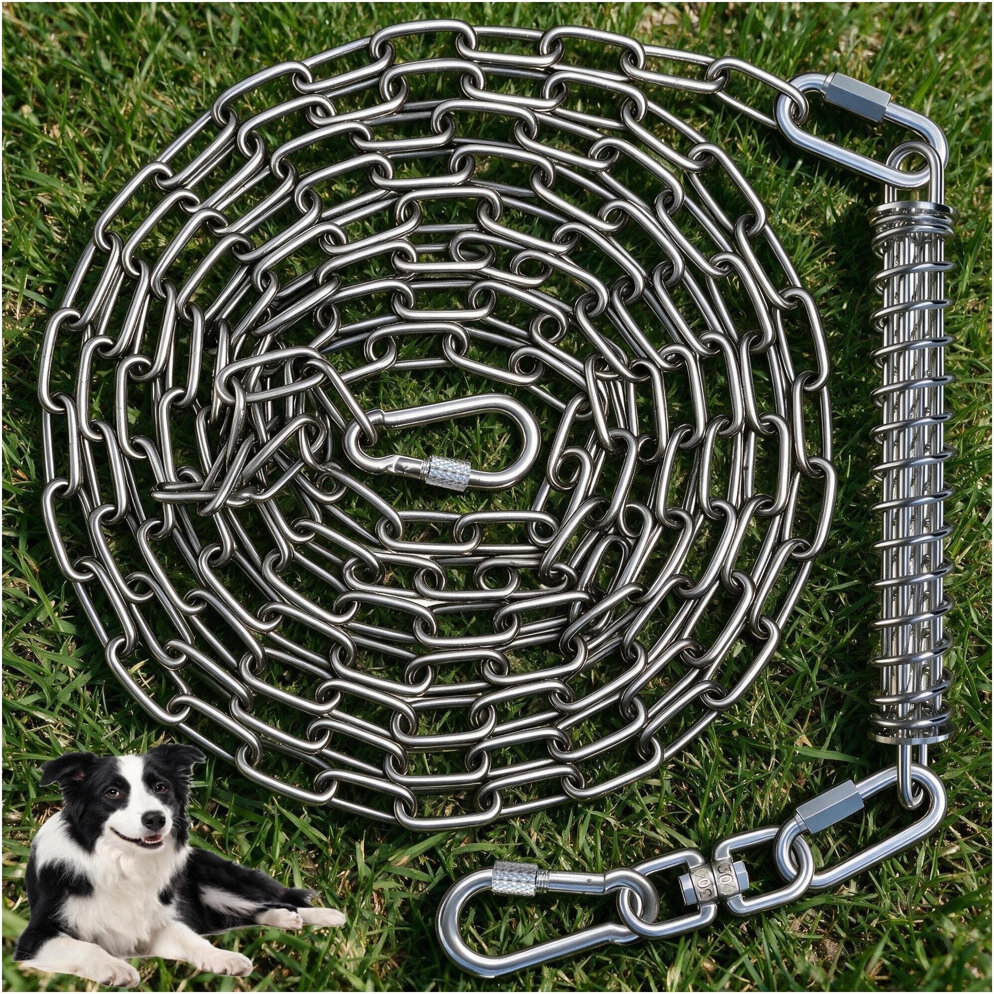 45FT Heavy Duty Dog Tie Out Chain with Shock Absorbing Spring for Large Dog