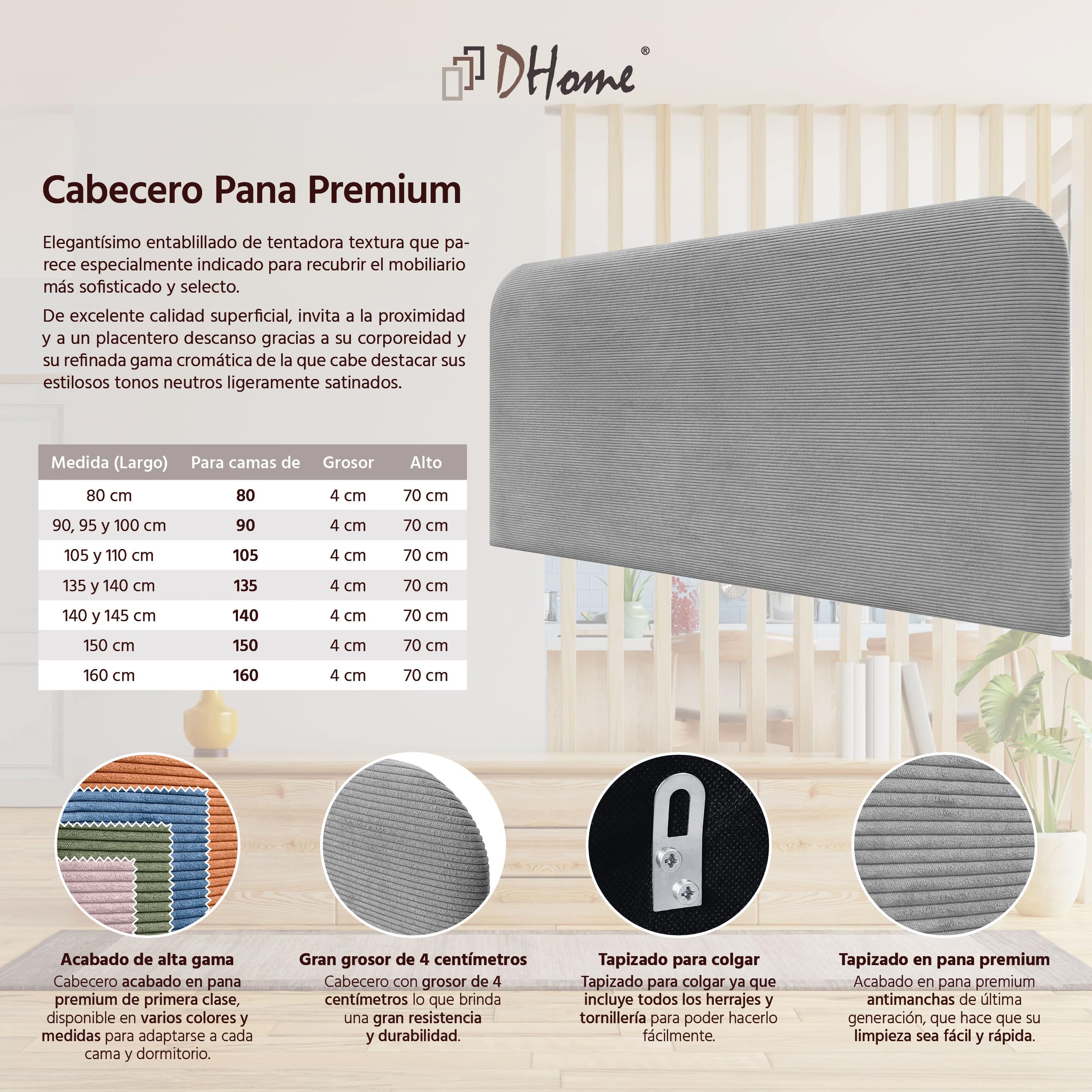 DHOME Tête de Lit Rembourrée Lisse et Courbée 70cm en Velours Côtelé Premium pour Mur Acoustiques Absorbantes Tête de Lit pour Chambre (Gris, 160cm)