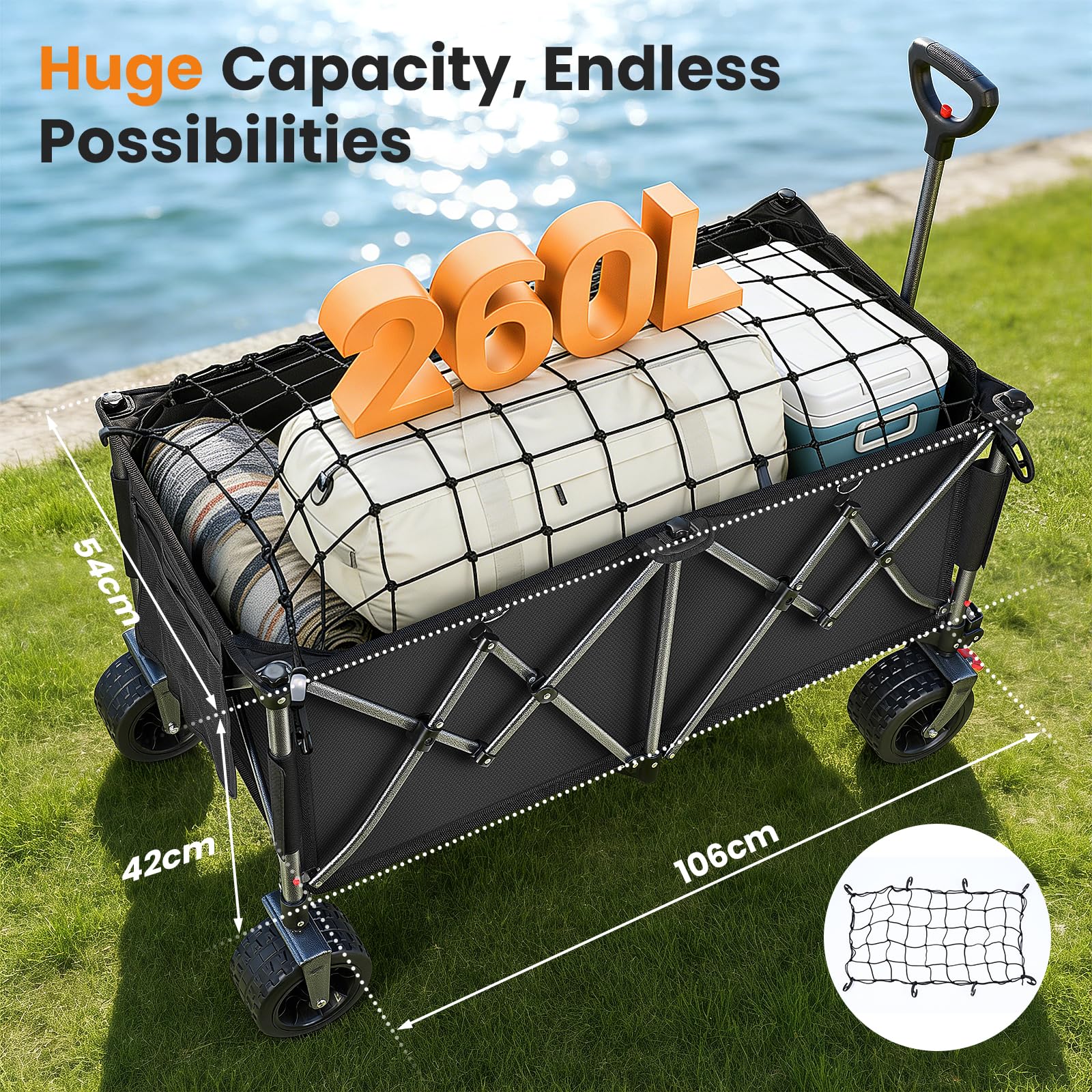 YEAUPE PRO XXXL Carro Playa Ruedas Grandes 200kg/260L – Frenos Dobles, Ruedas Anchas, Estructura Reforzada, Mango Ajustable, para Playa y Camping – Red elástica incluida, Negro Carbón