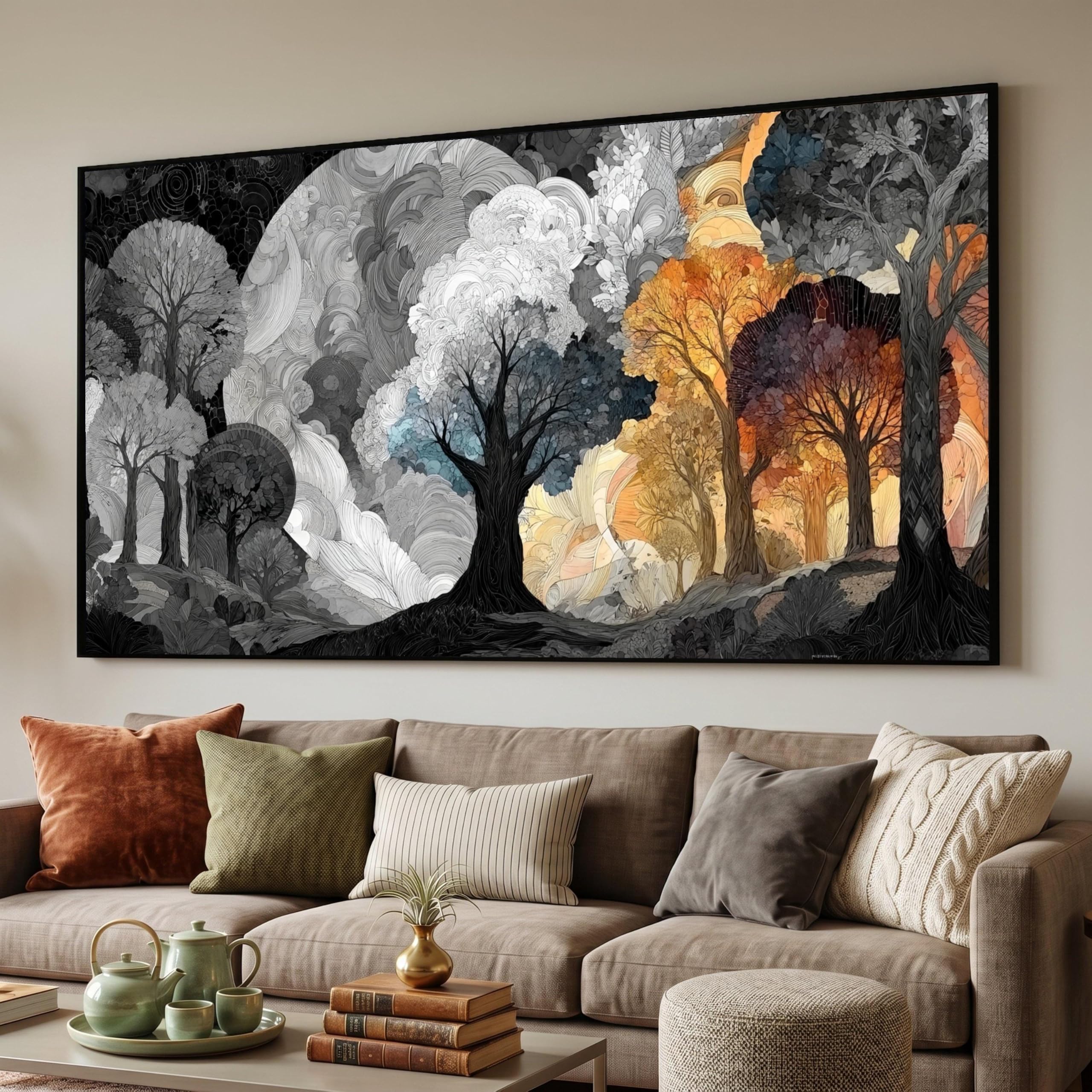 TONGYINLI Abstract Autumn Forest Canvas Wall Art, Colorful Tree Posters and Prints, Landscape Painting(50x90cm/Internal Frame)