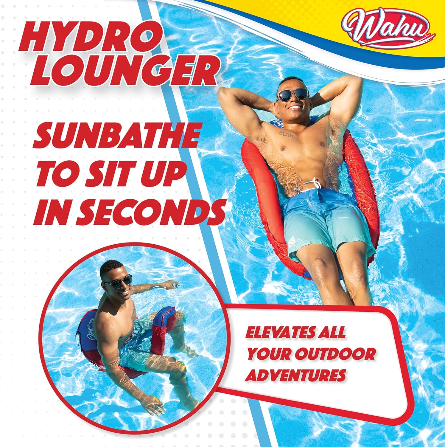 Wahu Hydro Lounger Versatile Pool Lounge Float for Sunbathing, Inflatable Beach and Pool Float Lounger with Inflate/Deflate Valve, Red/Blue