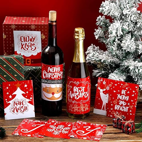 Miniatura 9 de 135 etiquetas adhesivas para botellas de vino de Navidad, cubierta de botella de vino de Navidad, etiquetas de nochebuena con alce, Papá Noel,
