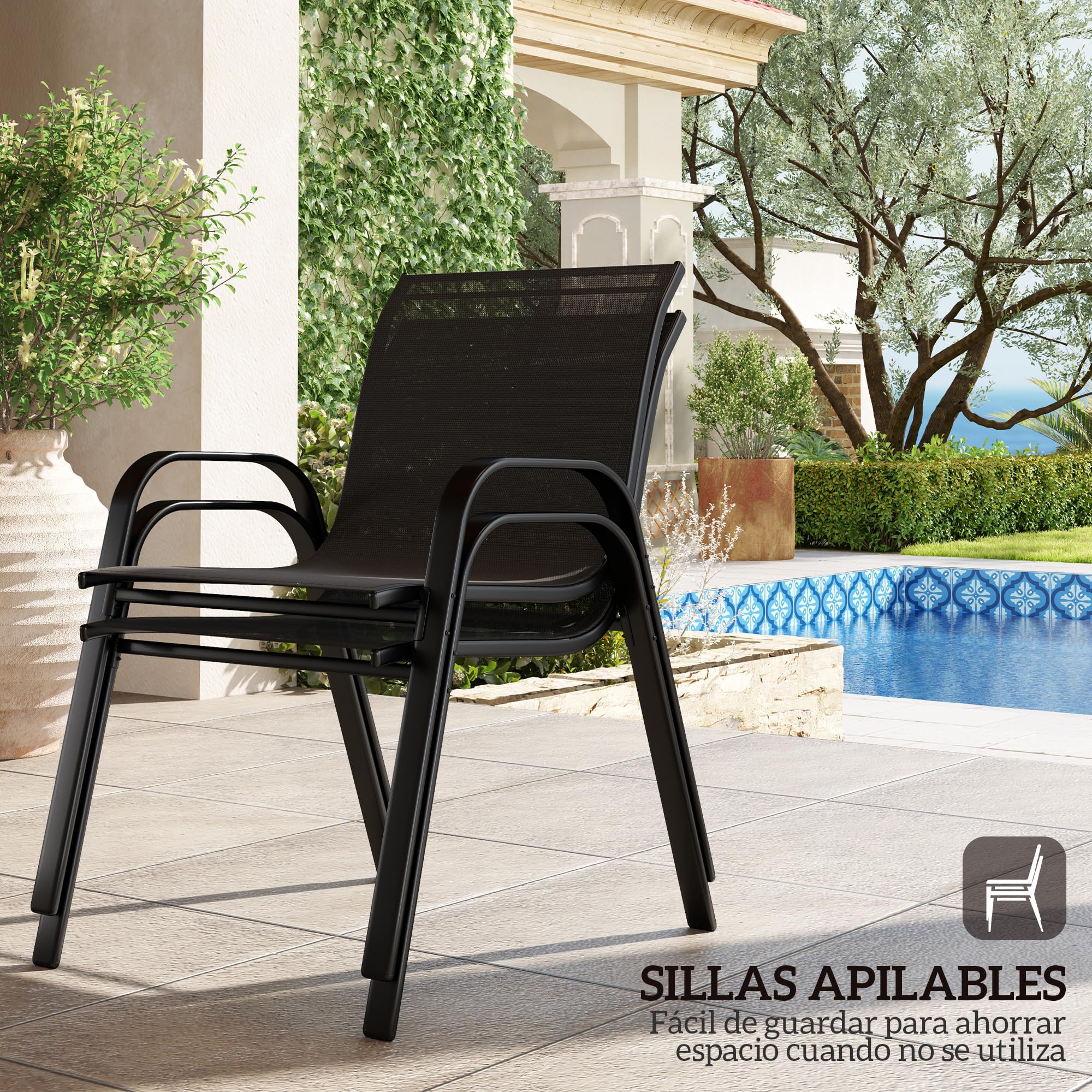 Outsunny Conjunto de Jardín Exterior 4 Piezas Muebles Jardín Exterior con 2 Sillones Apilables 1 Sofá de 2 Plazas y Mesa de Centro con Tablero de Vidrio Templado Negro