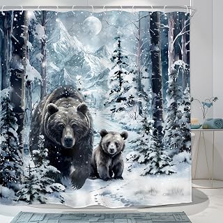 Homewelle Winter Bear Shower Curtain Snow Mountain Woodland Wild Animal Rustic Farmhouse Wildlife Cabin Pine Tree Nature Scenery 72Wx72H Inch for Kids Boys Waterproof Polyester Fabric Bathroom Bathtub