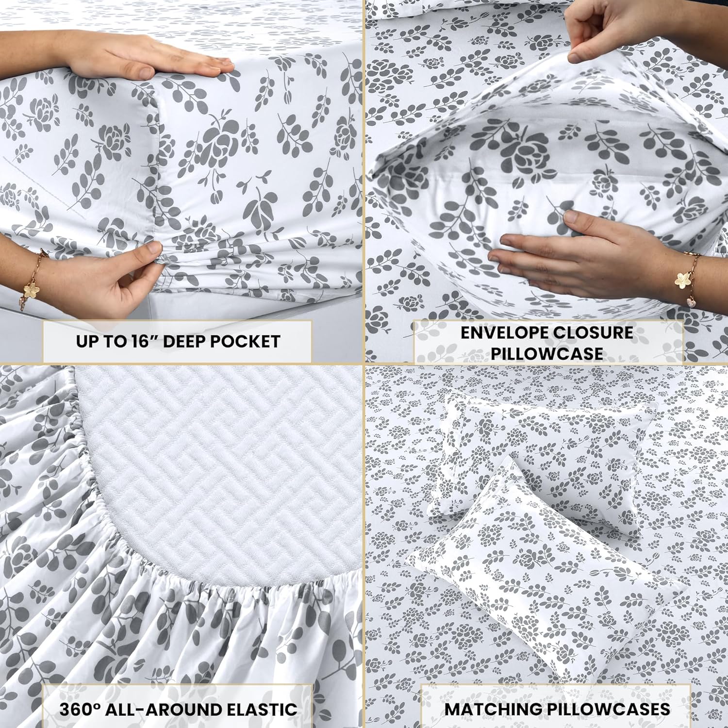 LUX Décor Floral Twin Sheet Set - 3 Piece Ultra-Soft Microfiber Bed Sheets with Flat Sheet, 16 Inches Deep Pocket Fitted Sheet & Pillowcases, Breathable, Bedroom Decor, Oeko-TEX - White Grey - Image 3