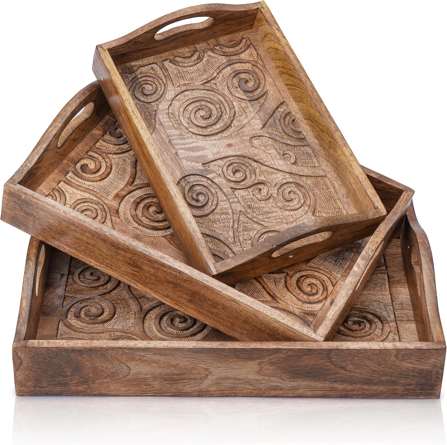 Ajuny Set of 3 Handmade Rosewood Serving Trays Tree of Life Design with Handles (15.7x11, 13.7x9.9, 11.4x8 Inch) for Snacks, Tea, Kitchen Decor